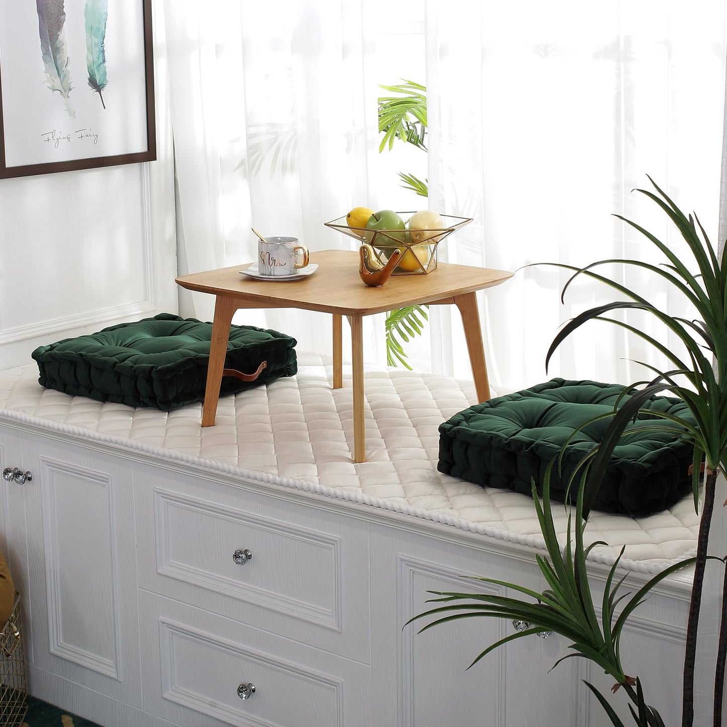 vctops Square Solid Color Velvet Seat Cushion with Handle Tufted Thicken Chair Pad Tatami Floor Pillow Cushion 16.5"x16.5"x4" Green