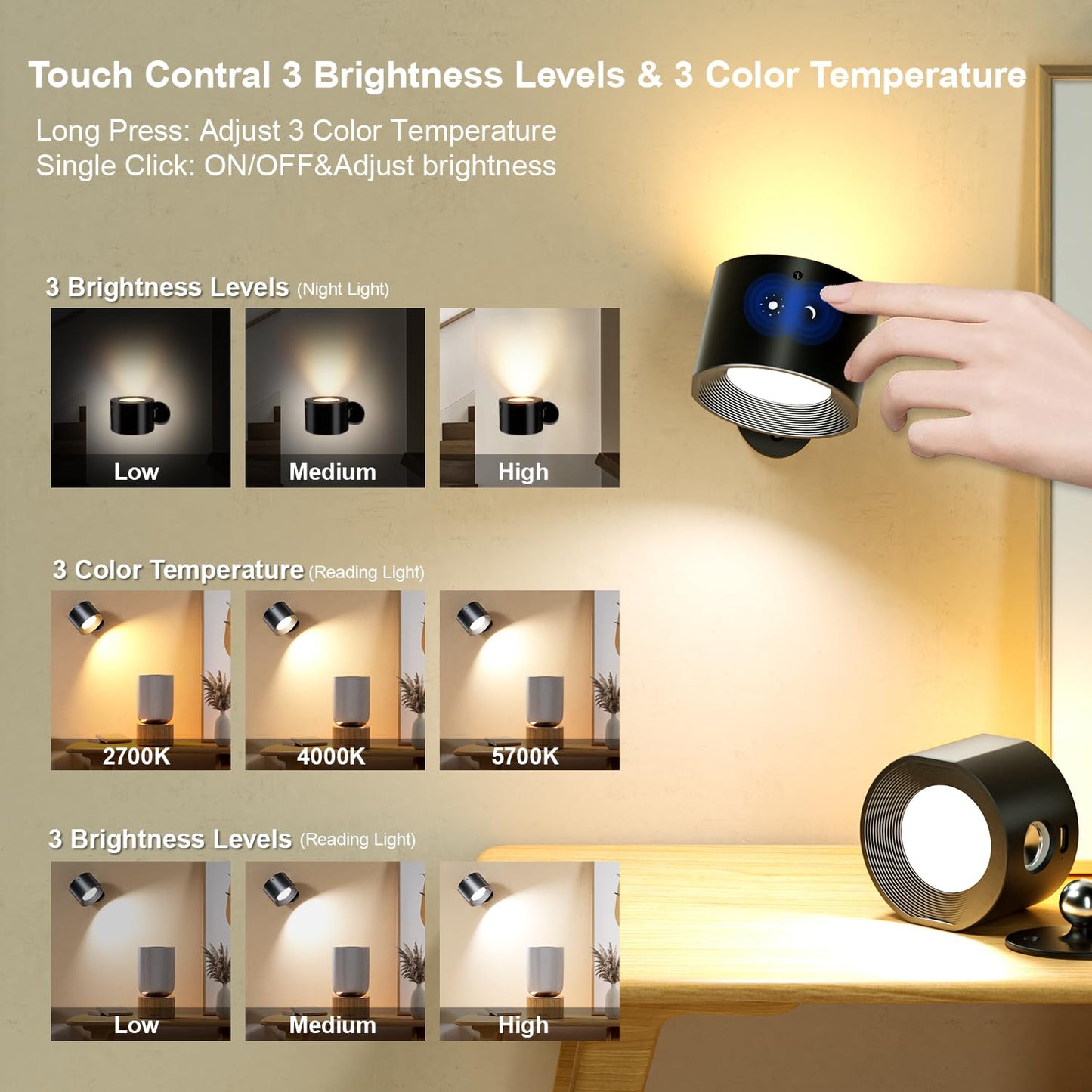 Black Rechargeable wall lamp, Black LED wall lamp, 360° Rotating, dimmable, Wireless wall lamp, Suitable for bedrooms, Studies, Living Rooms, Bedside Tables, etc. (Two-Pack)