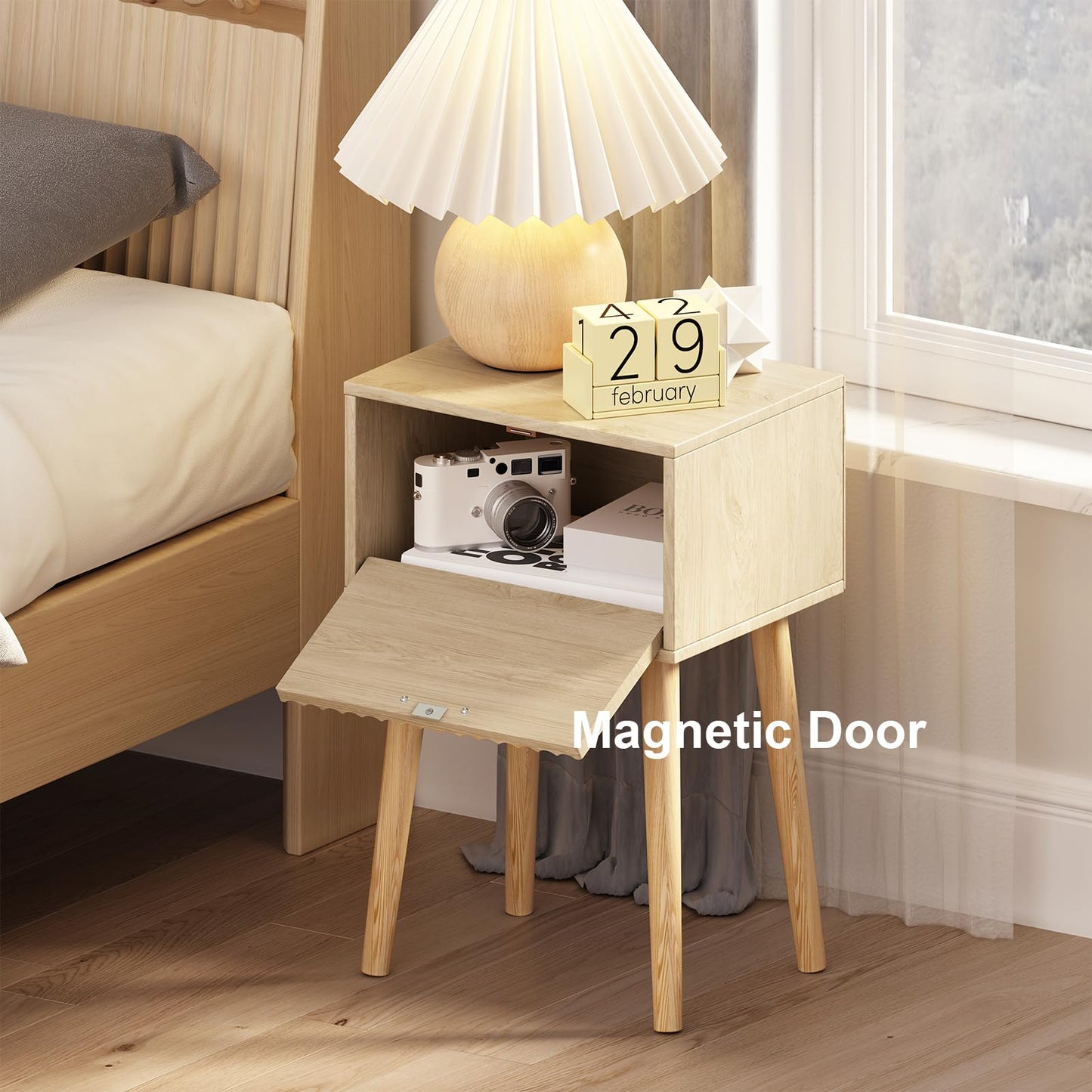 LAATOOREE Nightstands Set of 2, Small Side Table, Bedside Table with Fluted Door, Solid Wood Feet; Modern Mid-Century End Table for Bedroom, Small Space (Natural)