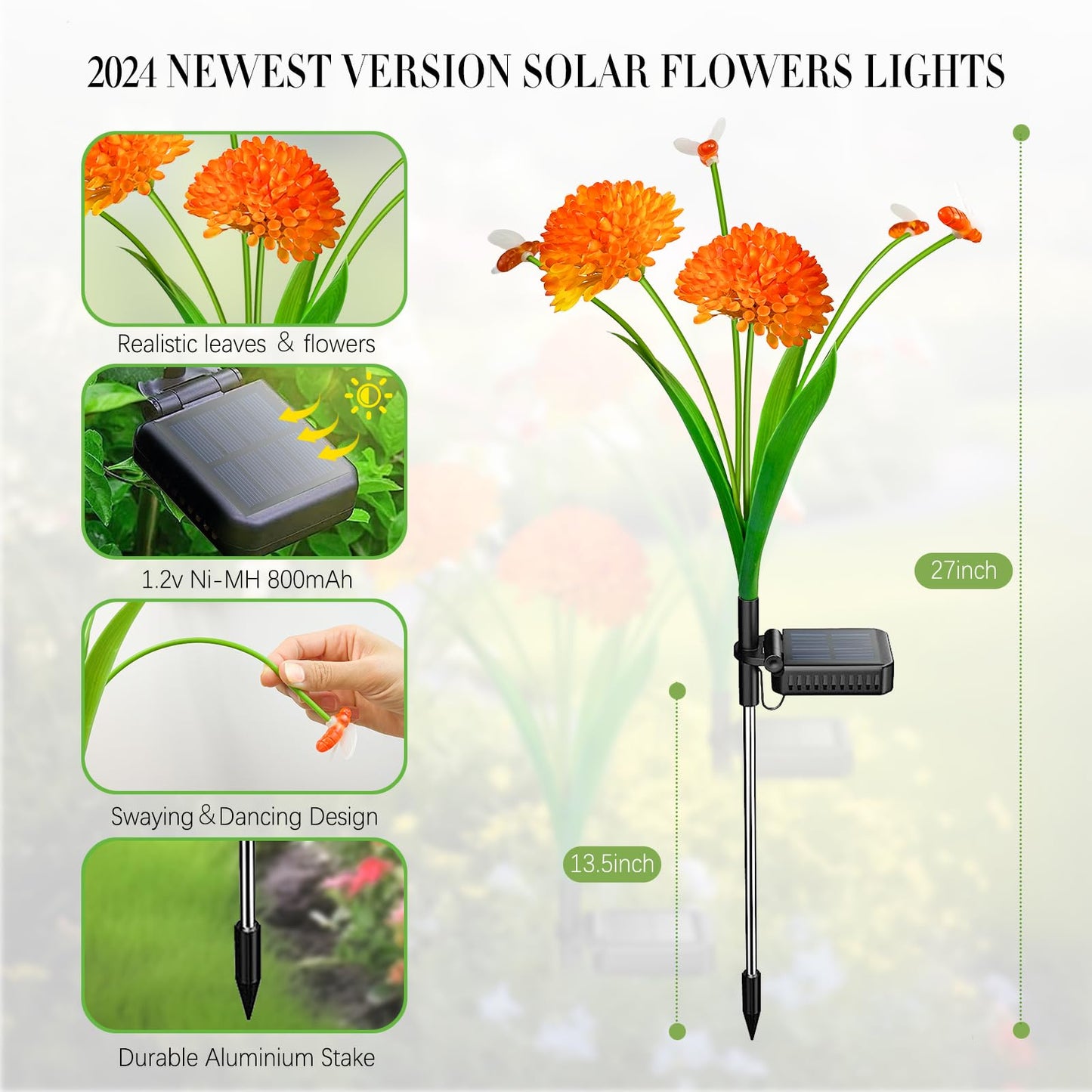 Solar Garden Lights, 4 Pack Solar Swaying Bee Lights with Flowers, Waterproof Firefly Light Outdoor for Garden Patio Yard Pathway Fall Decoration Gifts for Women Mother's Day