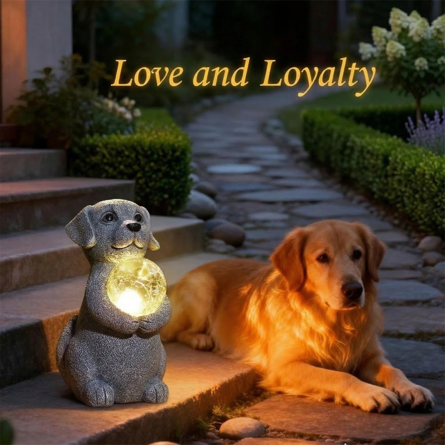 Tiejiajiang Dog Garden Statues - 8.4 Dog Decor with Gazing Ball LED Lights, Unique Gifts for Mom Grandma Birthdays, Outdoor Decor for Outside Lawn Porch Patio (Gray)