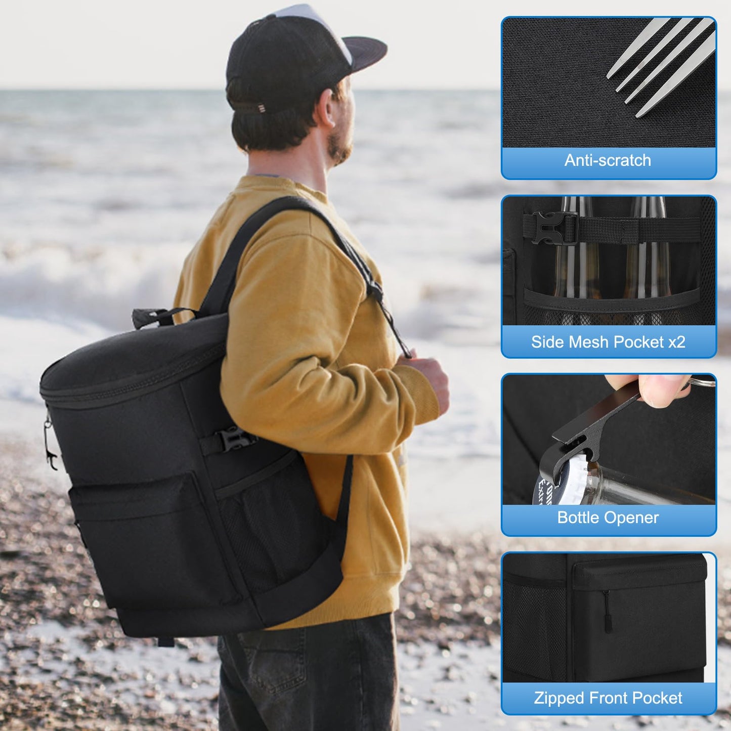Tenot Cooler Backpack 33 Cans Backpack Coolers Insulated Leak Proof Soft Beach Cooler Bag for Men Women Ice Chest Backpack Camping Hiking Picnic Travel Cooler Lunch Backpack Black