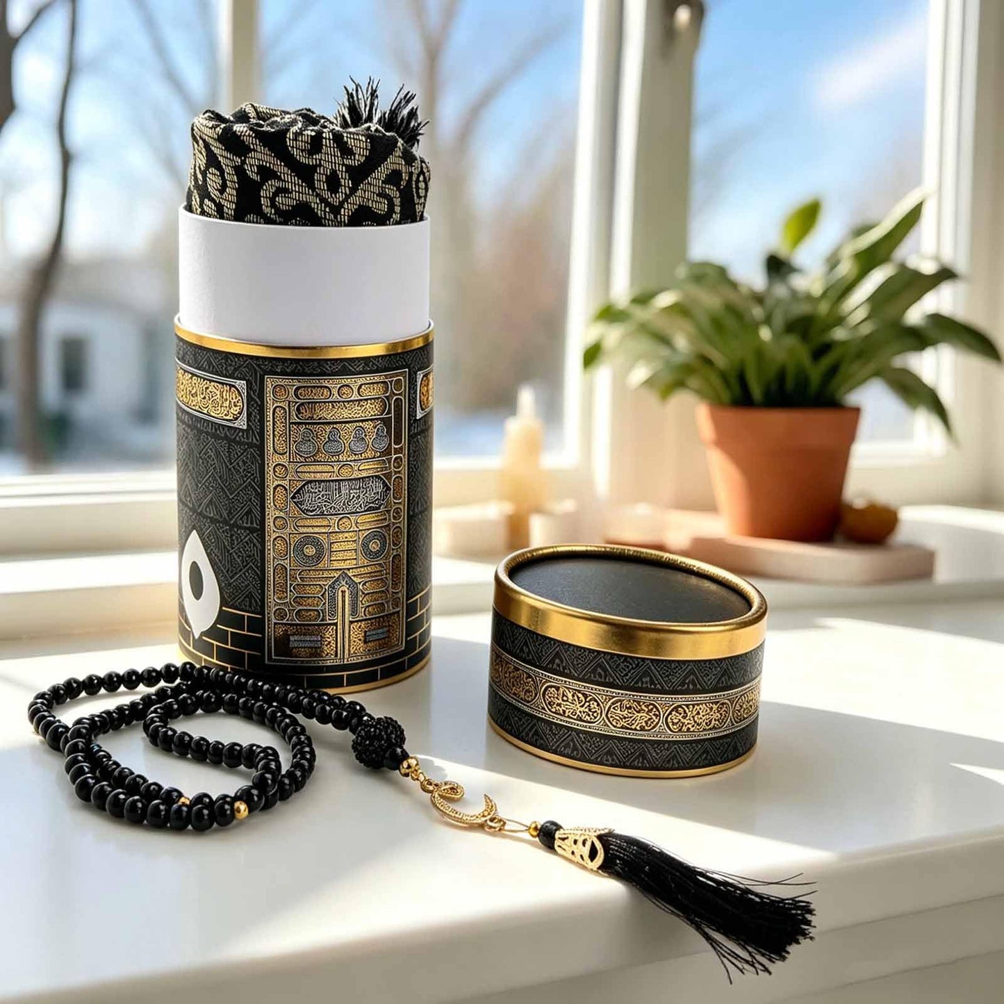 Muslim Prayer Rug and Prayer Beads with Gift Box, Soft Islamic Prayer Mat, Islamic Gifts Set, Prayer Carpet Mat, Sajadah/Janamaaz/Seccade (Black)
