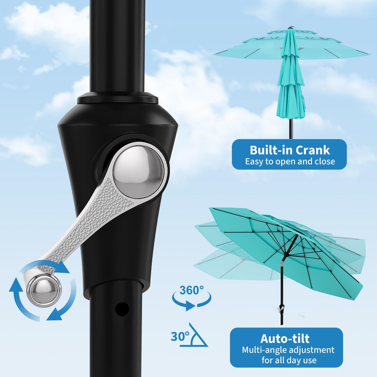 Garvee 9Ft Outdoor Patio Umbrella, 3-Tiers Market Umbrella with 8 Sturdy Ribs & Hand Crank, Outdoor Table Umbrella for Poolside, Beach, Garden(Blue)