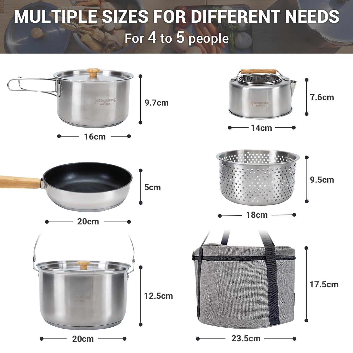 KingCamp Camping Cookware Set, 304 Stainless Steel Campfire Cooking Pots Pan and Kettle with Travel Tote Bag for Camping Outdoor Kitchen Cooking Picnic for 4-6