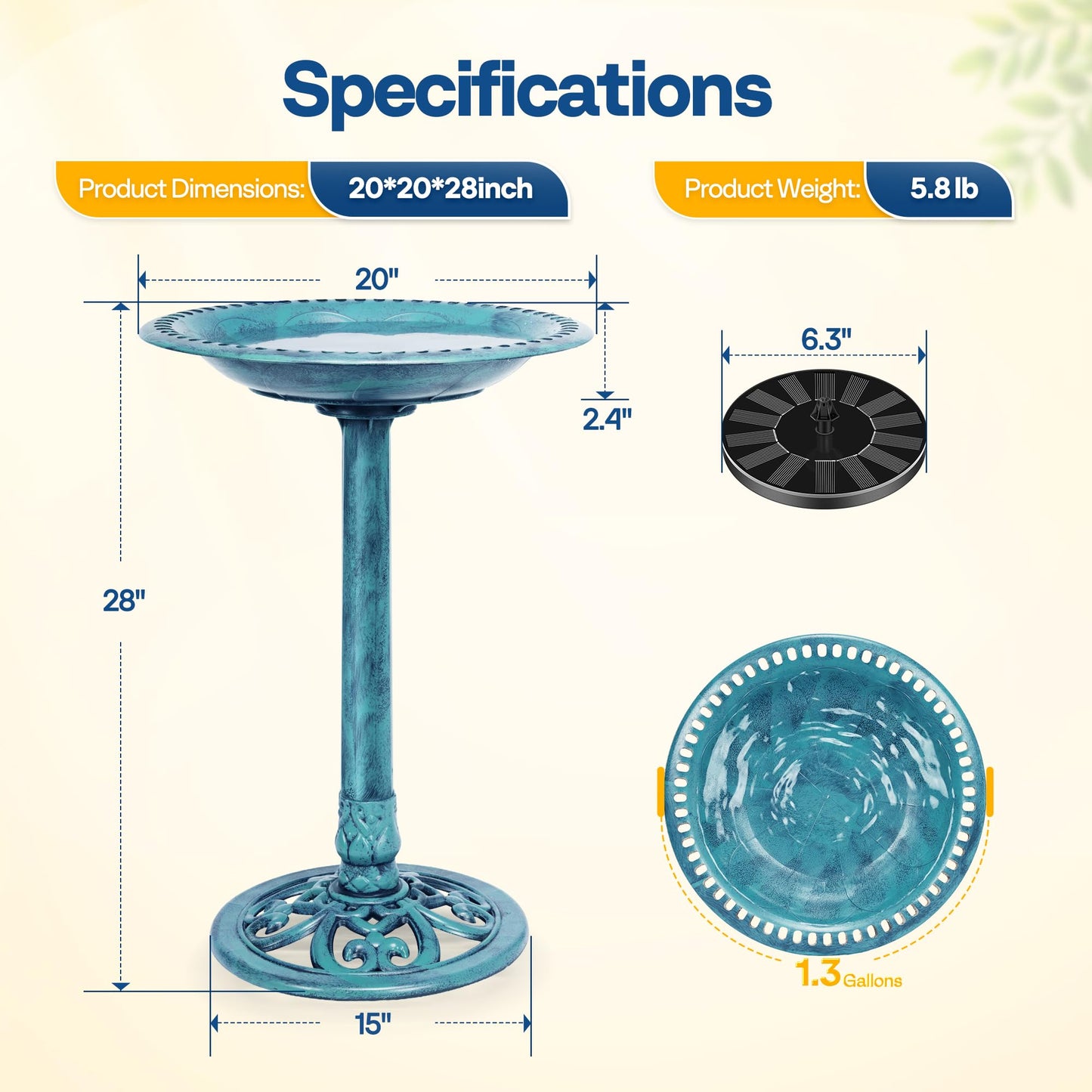 VIVOHOME Bird Bath with Solar Fountain for Outside, Polyresin Pedestal Bird Baths with Solar Powered Pump for Outdoor, Garden, Weather-Resistant Birdbaths with 20" Bowl, Blue