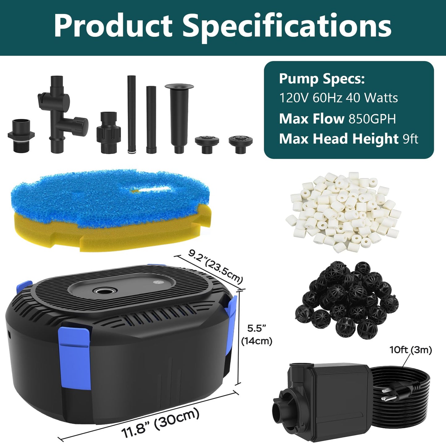 AquaMiracle Pond Filter with Pump Fountain Kits | 850GPH Pond Filter with Pond Pump & Fountain Kit | 3 Spray Patterns | Water Feature | Koi Pond Filters for Outdoor Ponds 500-750 Gal