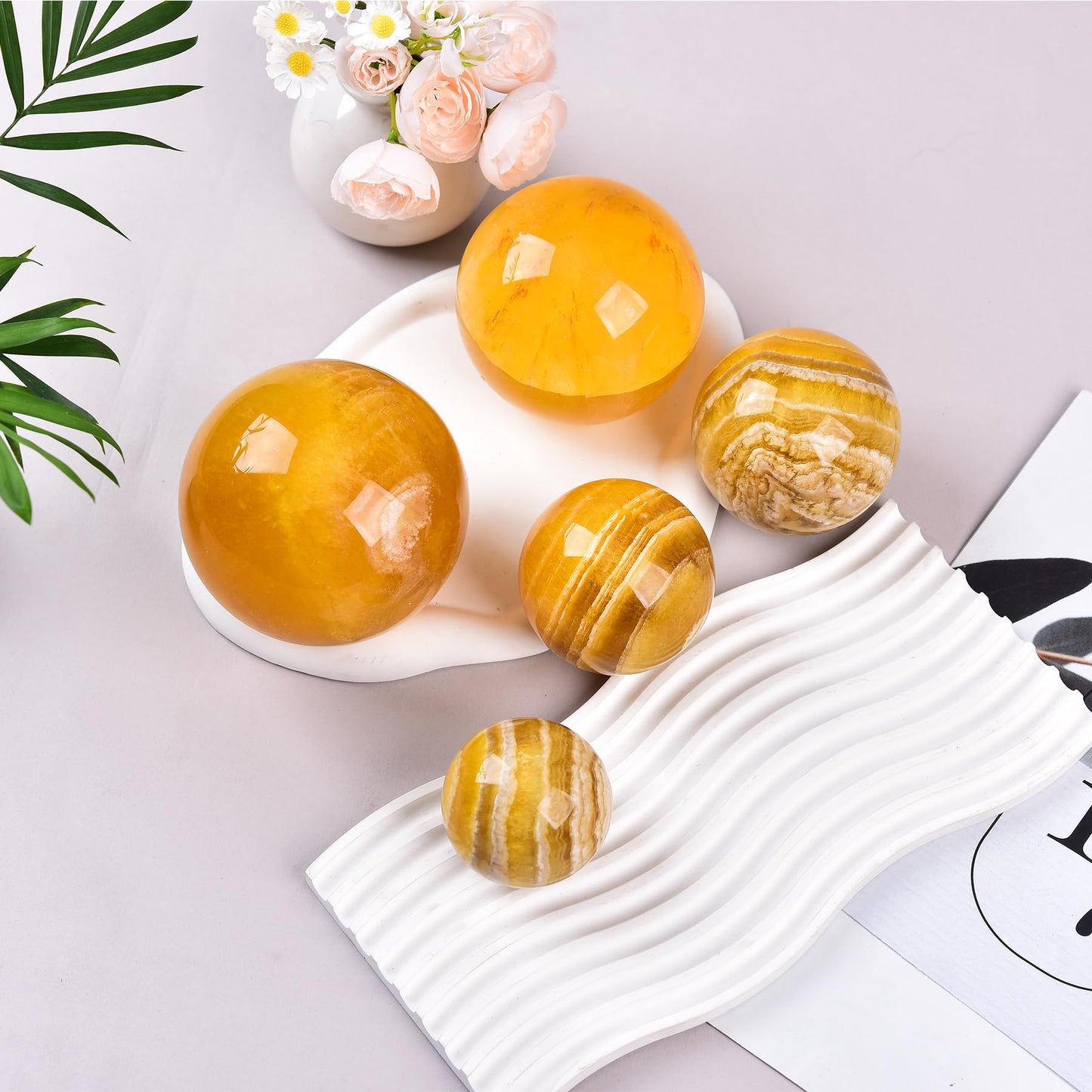 JIC Gem Natural Yellow Fluorite Crystal Sphere with Wooden Stand,Decorative Crystal Ball Yellow Gemstone Sphere for Meditation,Feng Shui,Witch-Style Decor,Table 70-80mm