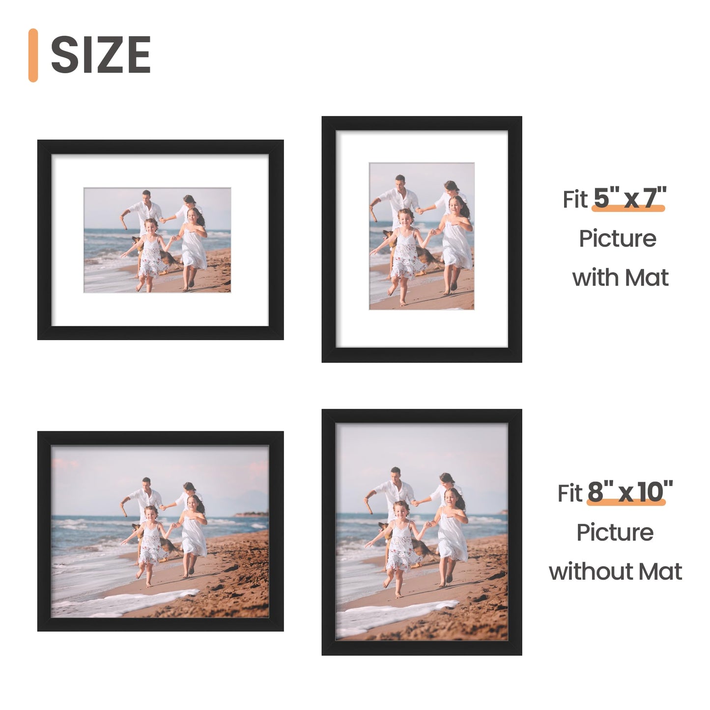 upsimples 8x10 Picture Frame Set of 10, Display Pictures 5x7 with Mat or 8x10 Without, Multi Photo Frames Collage for Wall or Tabletop Display, Black