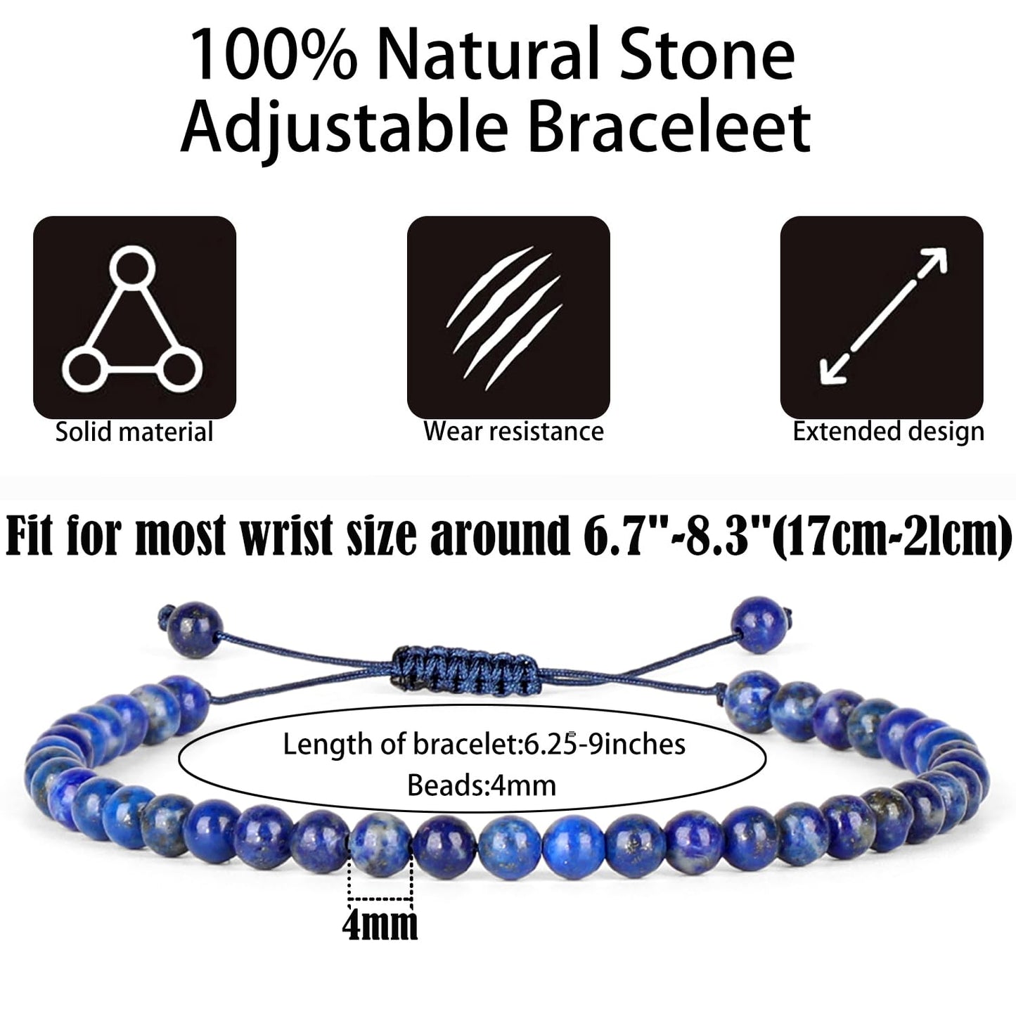 QOGIR Handmade Healing Bracelets for Women,4mm Natural Lapis Lazuli Gem Stone Beads Bracelet,for Men Women Gifts with 2PCS Size Adjustable Rope Bracelets