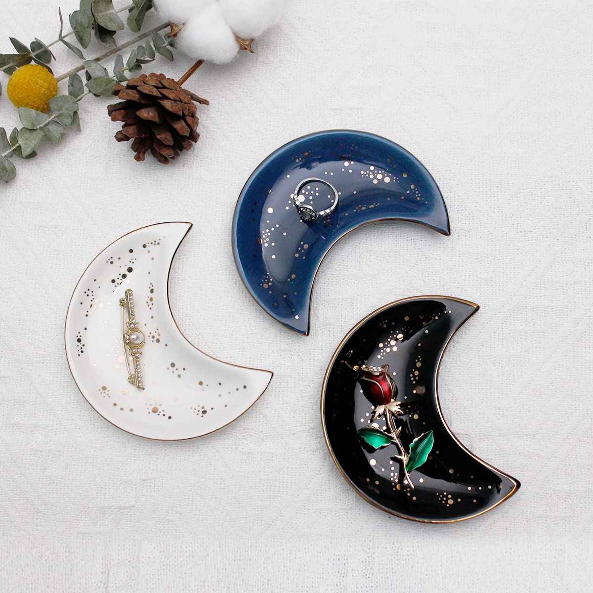 Soddeph Small Moon Ceramic Jewelry Tray, Decorative Trinket Dish, Ring Holder Plate, Modern Accent Tray for Bathroom, Nightstand, Entryway Table, Vanity (1, White)