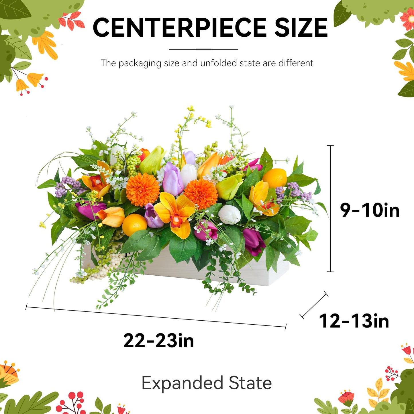 Artificial Tulip & Dahlia Table Centerpiece Lifelike Faux Flowers with Decorative Lemons & Greenery, Spring & Summer Tabletop Decor for Dining Room, Kitchen Island, Coffee Table, Weddings & Home