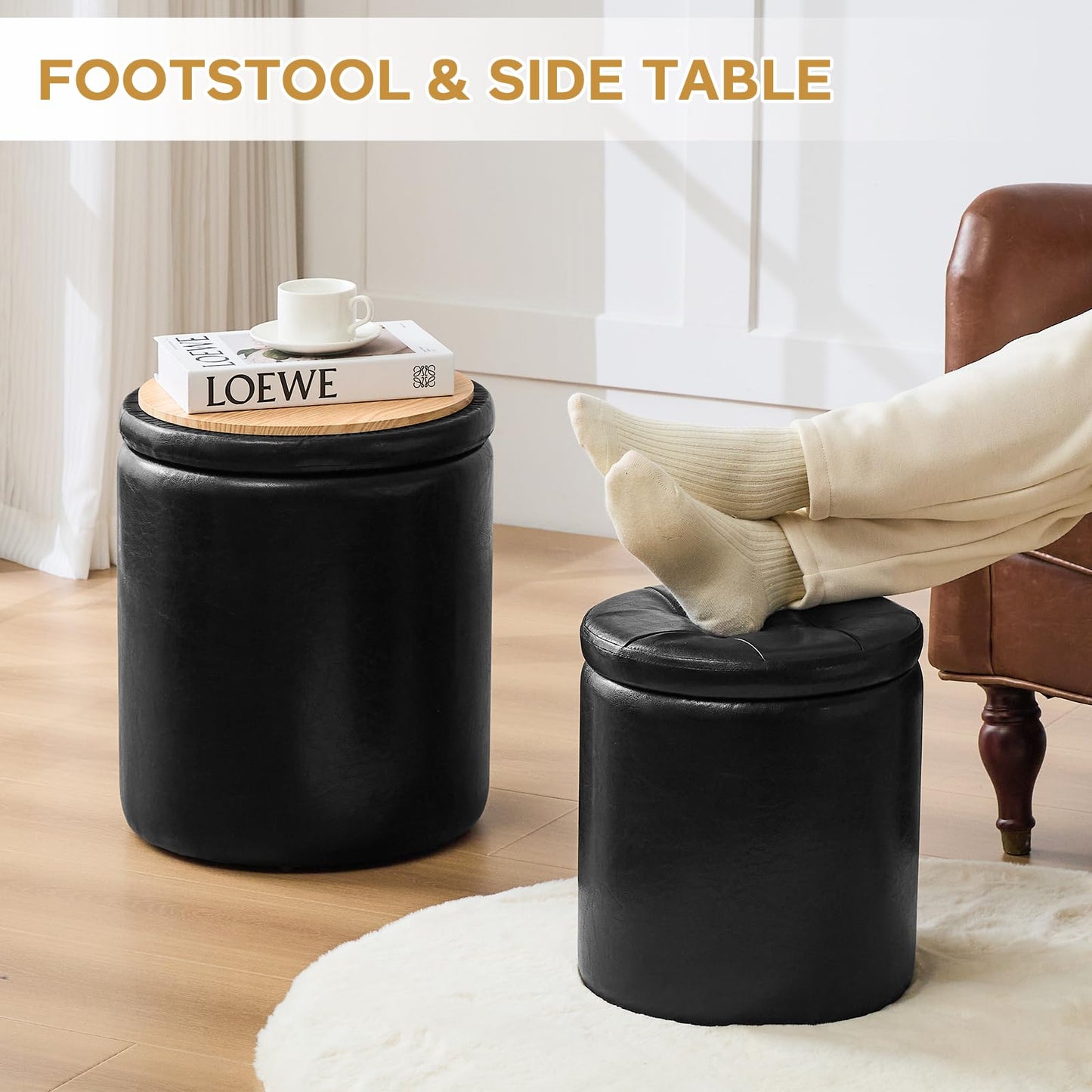 oakvivo Round Ottoman with Storage Set of 2, 12.6" W x 14.17" H & 14.76" W x 17.32" H Faux Footstool Storage Ottomans for Bedroom, Living Room Padded Coffee Table Ottomen, Black