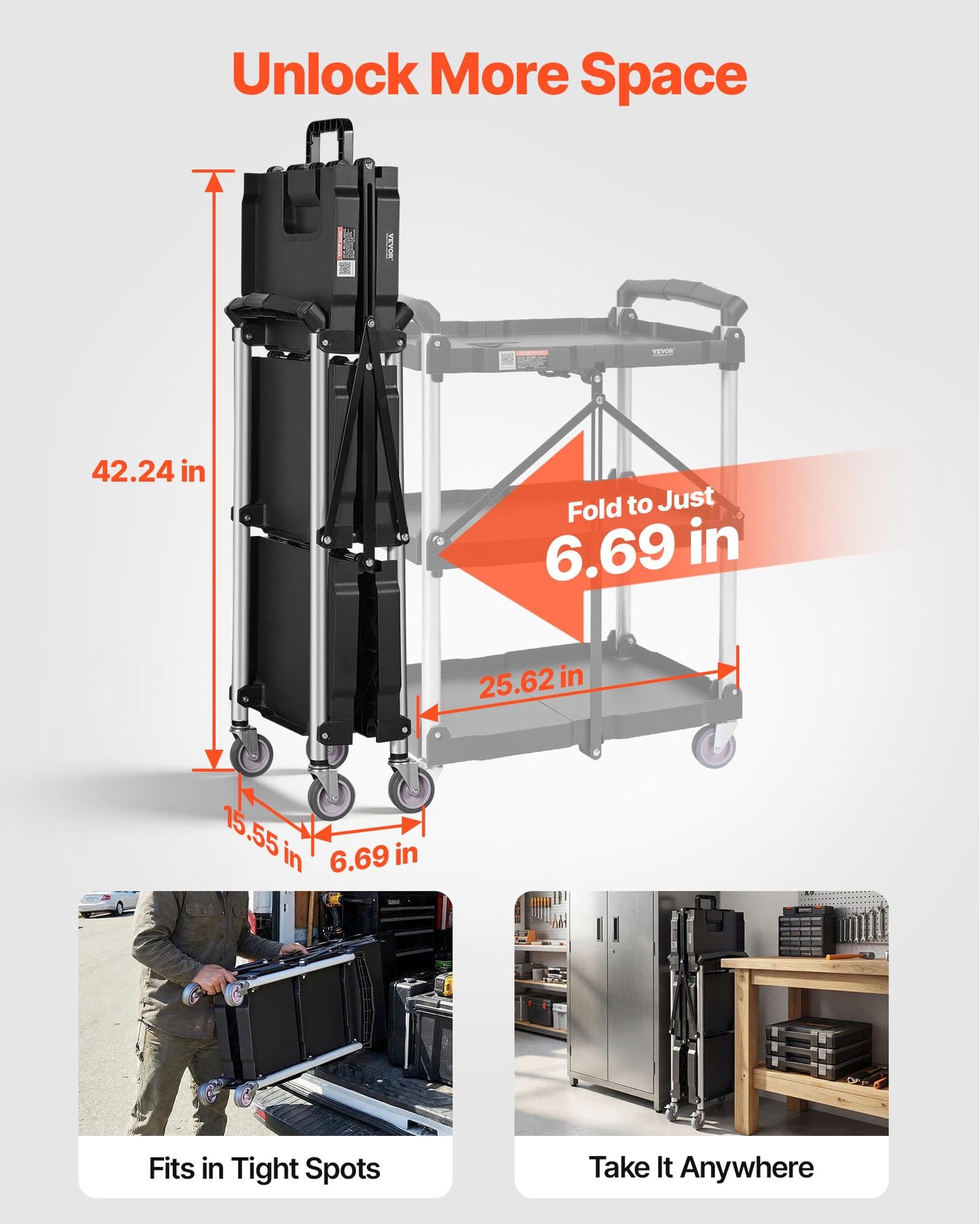 VEVOR Foldable Utility Service Cart, 165LBS 3 Shelf Heavy Duty Plastic Rolling Cart with 360° Swivel Wheels (2 with Brakes), Ergonomic Handle, Portable Garage Tool Cart for Warehouse Office Home