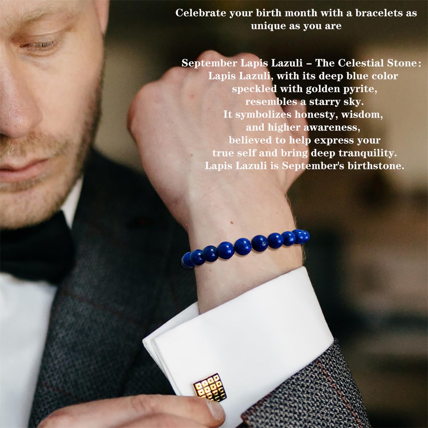 Naupyal September Birthstone Bracelet for Women Men,Lapis Lazuli Natural Stone Beaded Bracelets,Healing Crystal Gemstones Stretch Bracelet Stress Relief Month Bracelet Birthday Jewelry Gifts