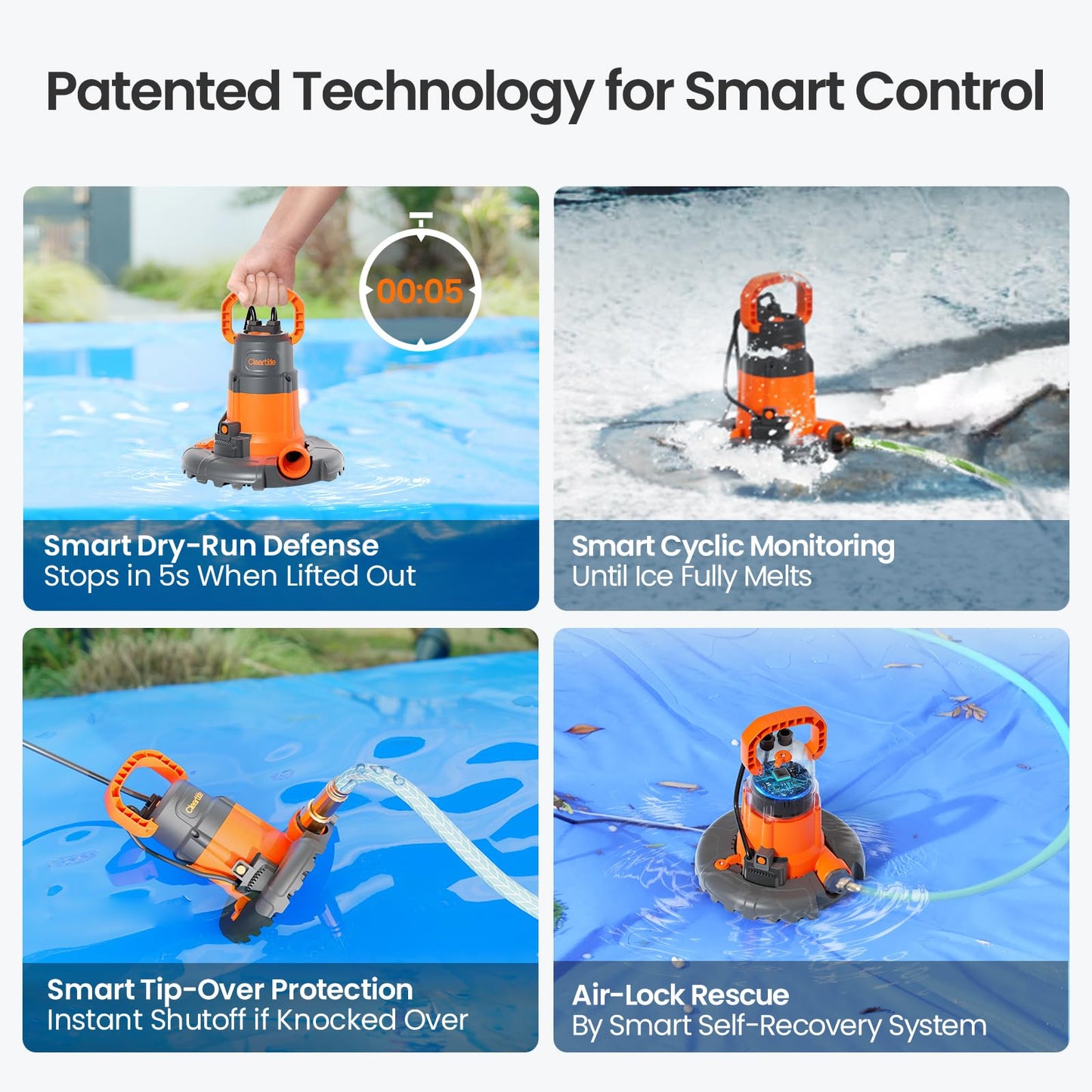 Cleartide Smart Automatic Pool Cover Pump, 1/4 HP 2160 GPH with Auto On/Off & Freeze Protection, Pump for Inground/Above Ground Winter Pool Covers, Dual Mode, 25ft Cord, 120V AC