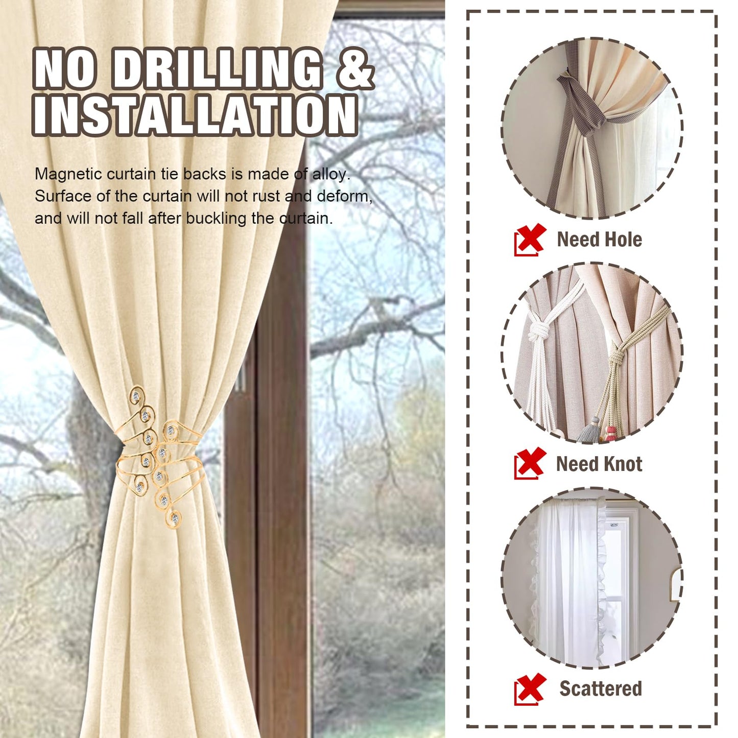 Pcmursal 2 Pack Curtain Tie Backs, Decorative Curtain Tiebacks for Home Office Decortaion (Gold)