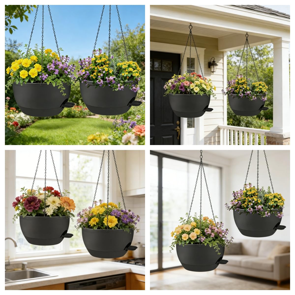 zople 2 Pack 12 Inch Self Watering Hanging Planters for Indoor Plants, Large Black Plastic Hanging Pots with Chains for Outdoor Patio Garden Home Decor Black