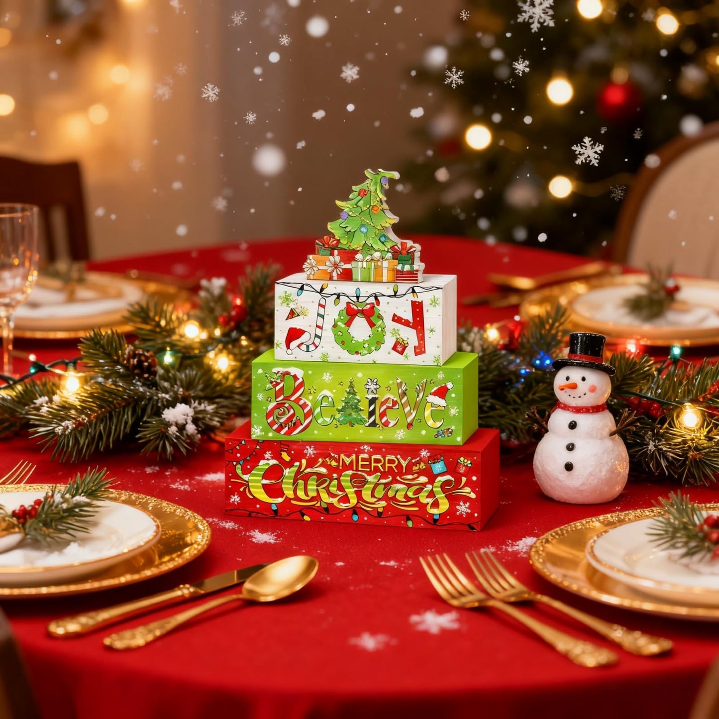 4 Pcs Christmas Wooden Tabletop Decor Winter Christmas Tree Gift Tiered Tray Decorations,Winter Table Centerpieces, Red and Green Centerpiece Rustic Block Signs,Furniture Kitchen Decor Gifts