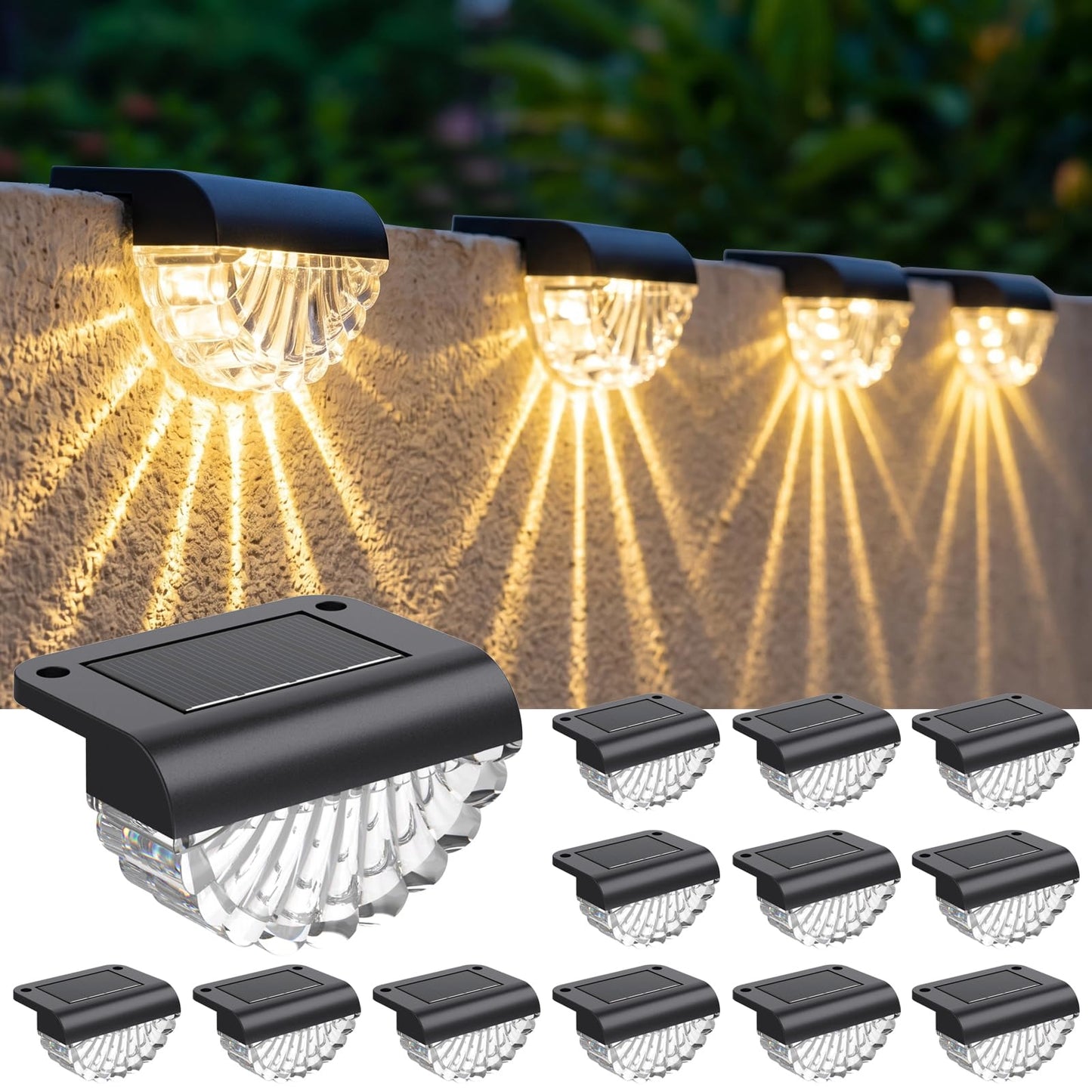Greluna Solar Fence Lights Outdoor, 12 Pack Waterproof Deck Lights, Auto Dusk to Dawn Step Lights with Warm White Glow, Easy Install for Fence, Patio, Stairs, Pathway, Garden Lighting