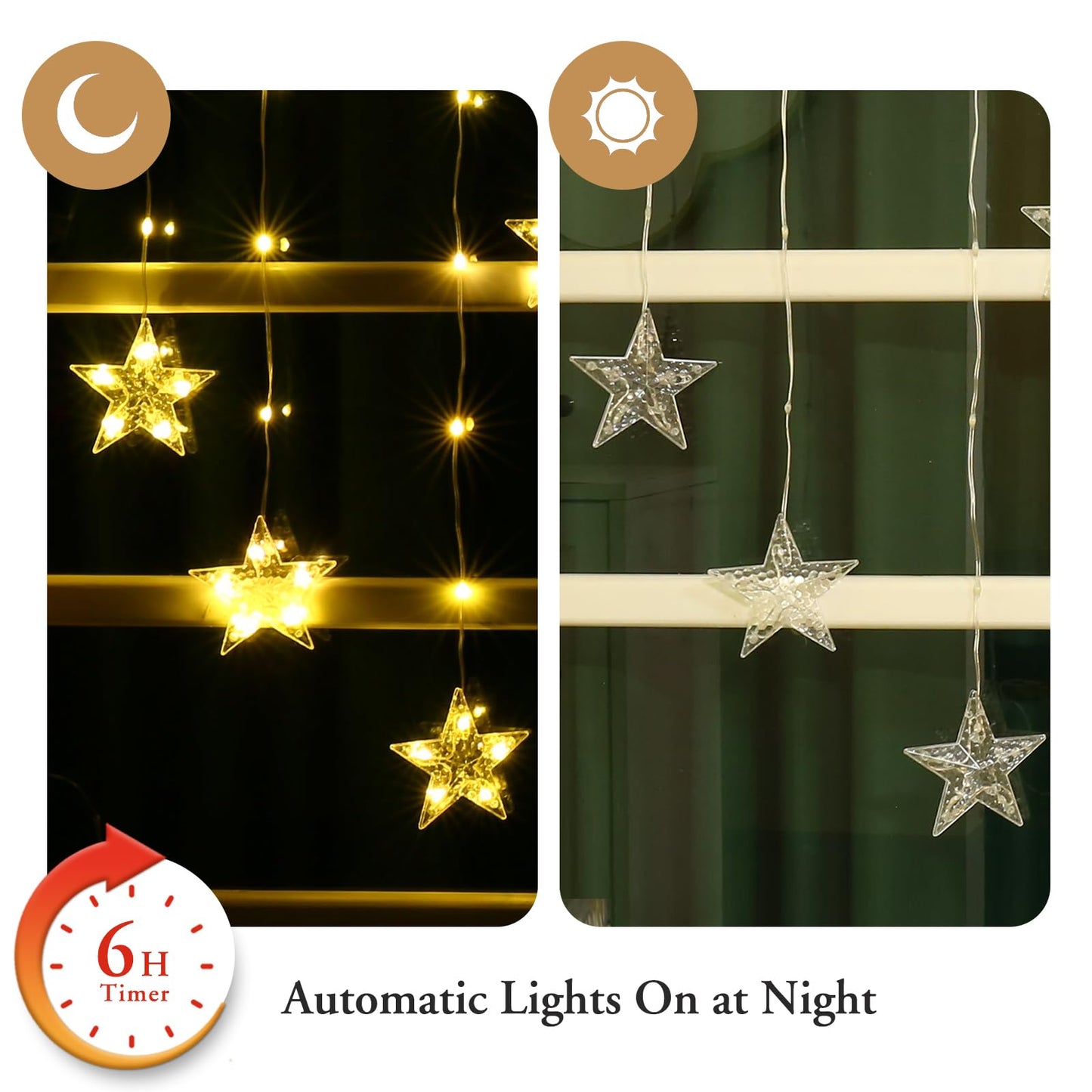 Quntis Star Christmas Window Lights, 76 LEDs 9 Stars Curtain Lights Battery Operated with Timer, 8 Mode Xmas Hanging Window Decorations Lights Indoor Backdrop for Bedroom Wall, Warm White
