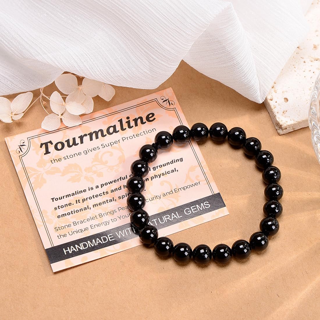 MASSIVE BEADS Black Tourmaline - Super Protection - Handmade Yoga Stretch Elastic Bracelet Natural Stone Crystal Healing Power Energy Gifts for Unisex Adult 4mm