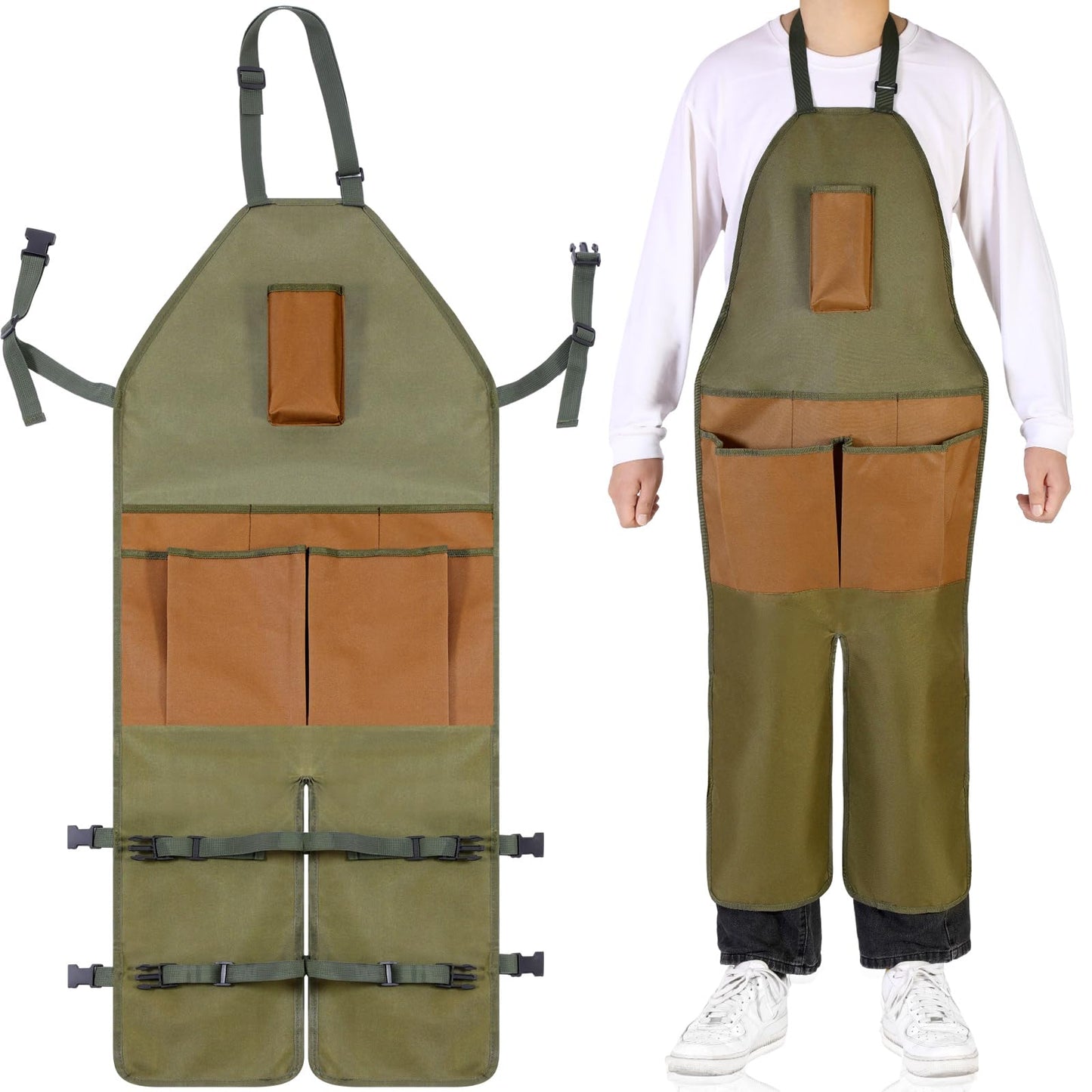 Shyyween Gardening Apron Adjustable Legs Waterproof Apron with 6 Release Pockets Army Green Adjustable Buckle for Gardening Woodworking Pottery BBQ Cafe Kitchen Painting Carpenter Work