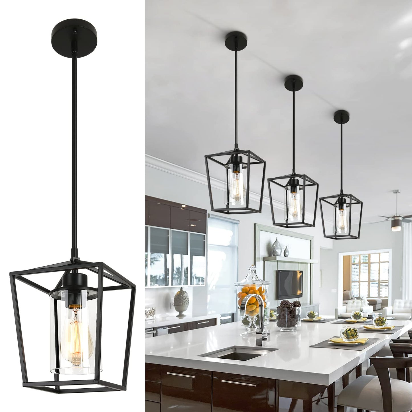 GZJunYo Black Pendant Lights Kitchen Island, 1-Light Farmhouse Kitchen Pendant Lighting Over Island, Metal Cage Island Hanging Lights for Kitchen, Dining Room, Entryway, Hallway, Foyer