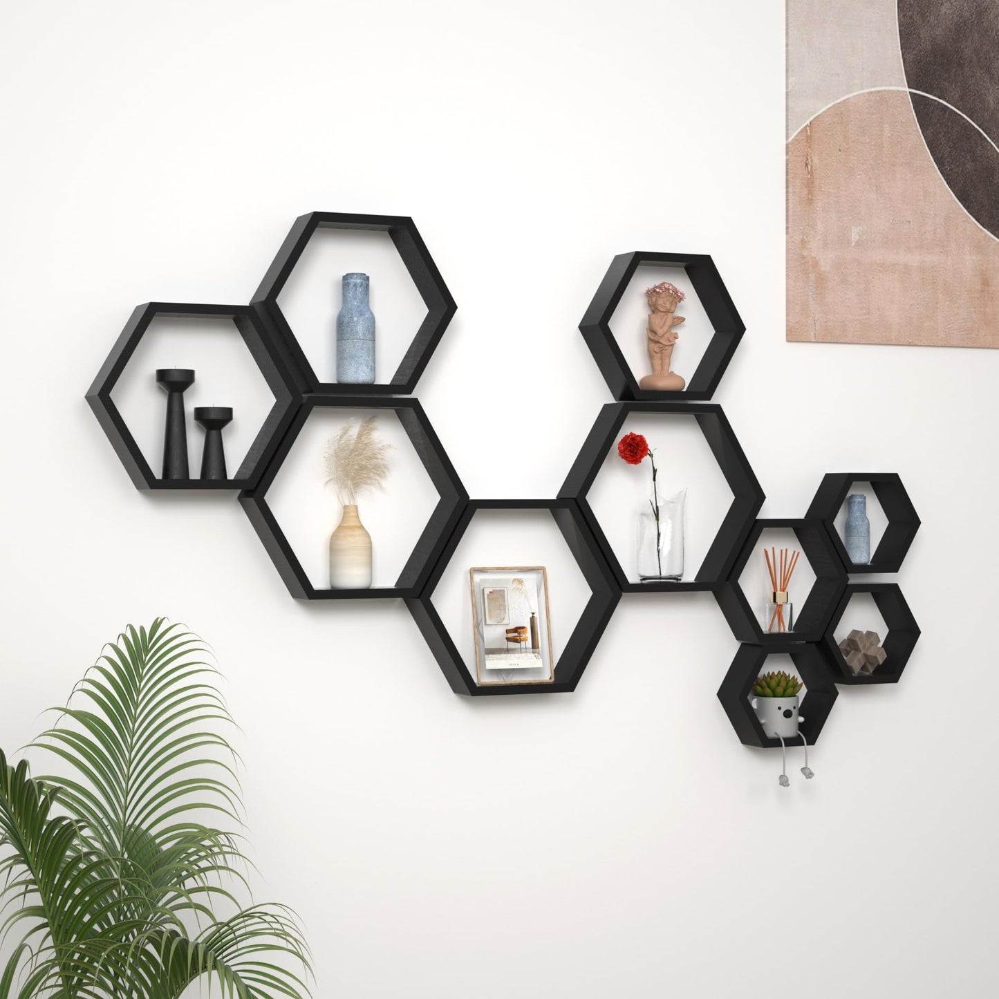 WONFUlity Hexagon Floating Shelves Honeycomb Shelves Wall Mounted Wood Farmhouse Storage Wall Shelf for Bathroom, Kitchen, Bedroom, Living Room,Driftwood Finish Decor, Black