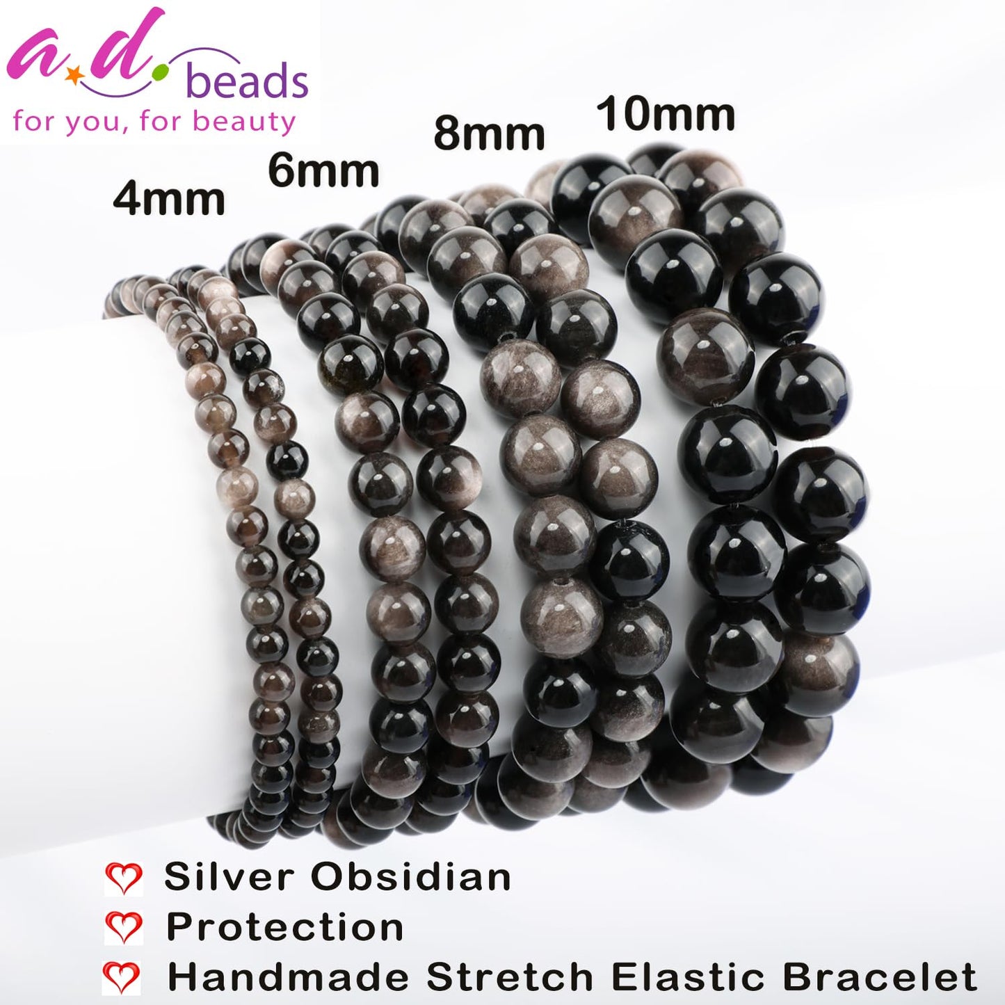 AD Beads 4mm Handmade Silver Obsidian Elastic Bracelet – Natural Gemstone for Protection – Meditation, Yoga, Healing and Energy Gift for Men Women