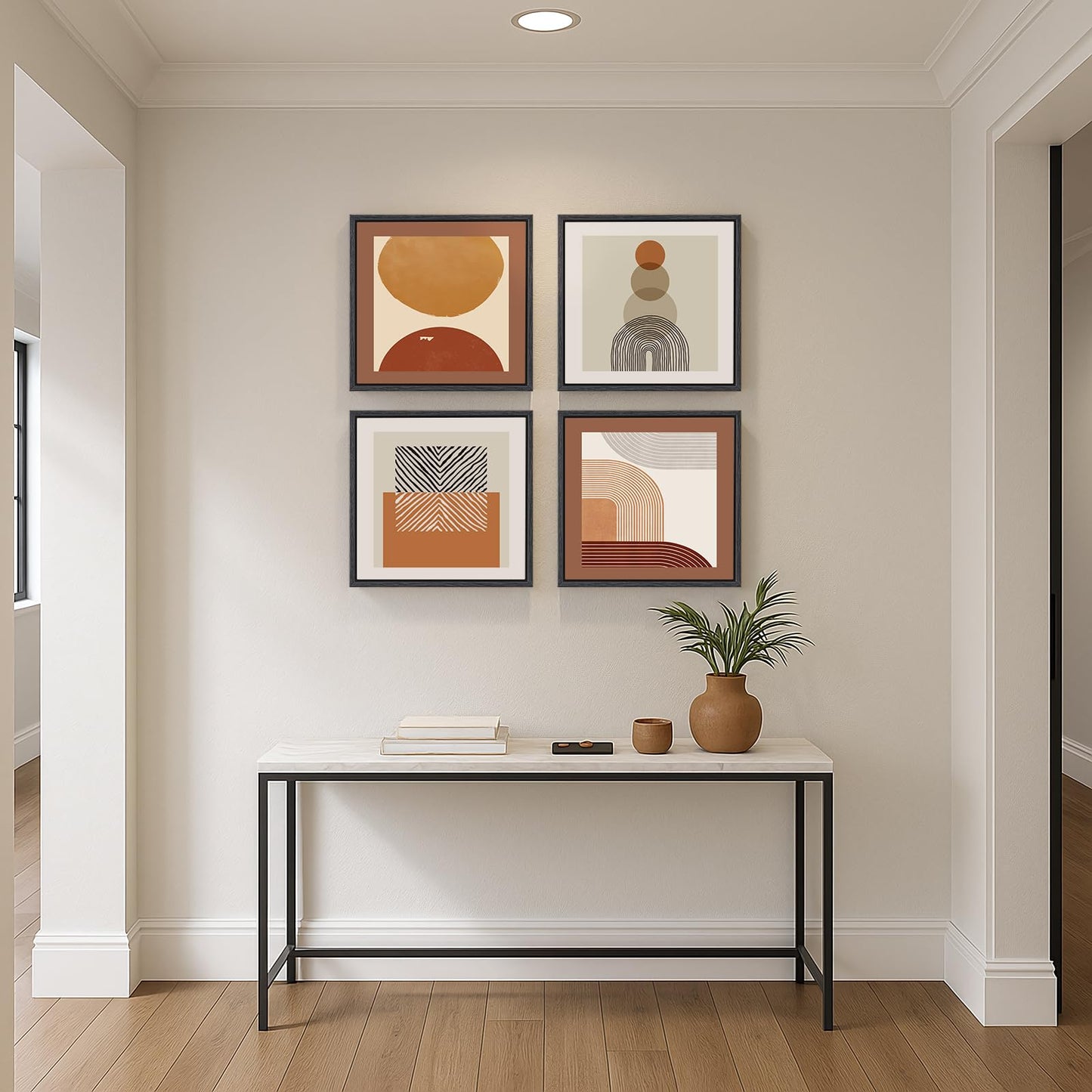 4 Piece Framed Abstract Boho Wall Art Set, Modern Mid Century Canvas Picture Wall Decor, Minimalist Geometric Orange and Brown Paintings Prints for Living Room Bedroom Hallway, 12x12 Inch