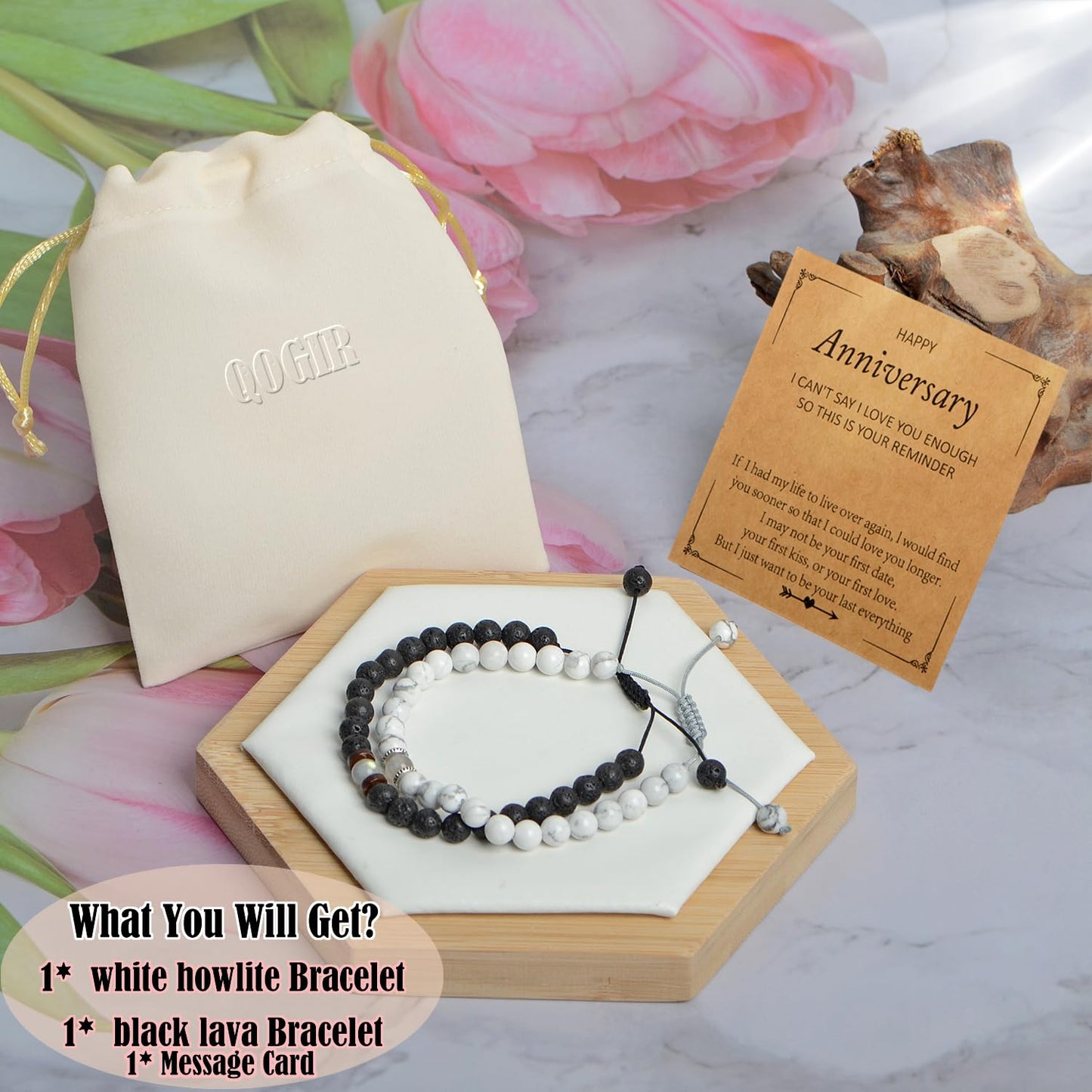 QOGIR Matching Couples Bracelets Natural White Howlite Black Lava Adjustable String Bracelet