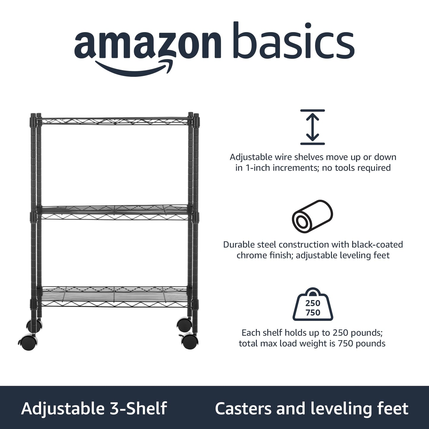 Amazon Basics 3-Shelf Adjustable Heavy Duty Storage Shelving Unit on 2" Wheels, Metal Wire Rack for Garage, Utility Shelving with Leveling Feet, 23.2"L x 13.4"W x 32.75"H, Black
