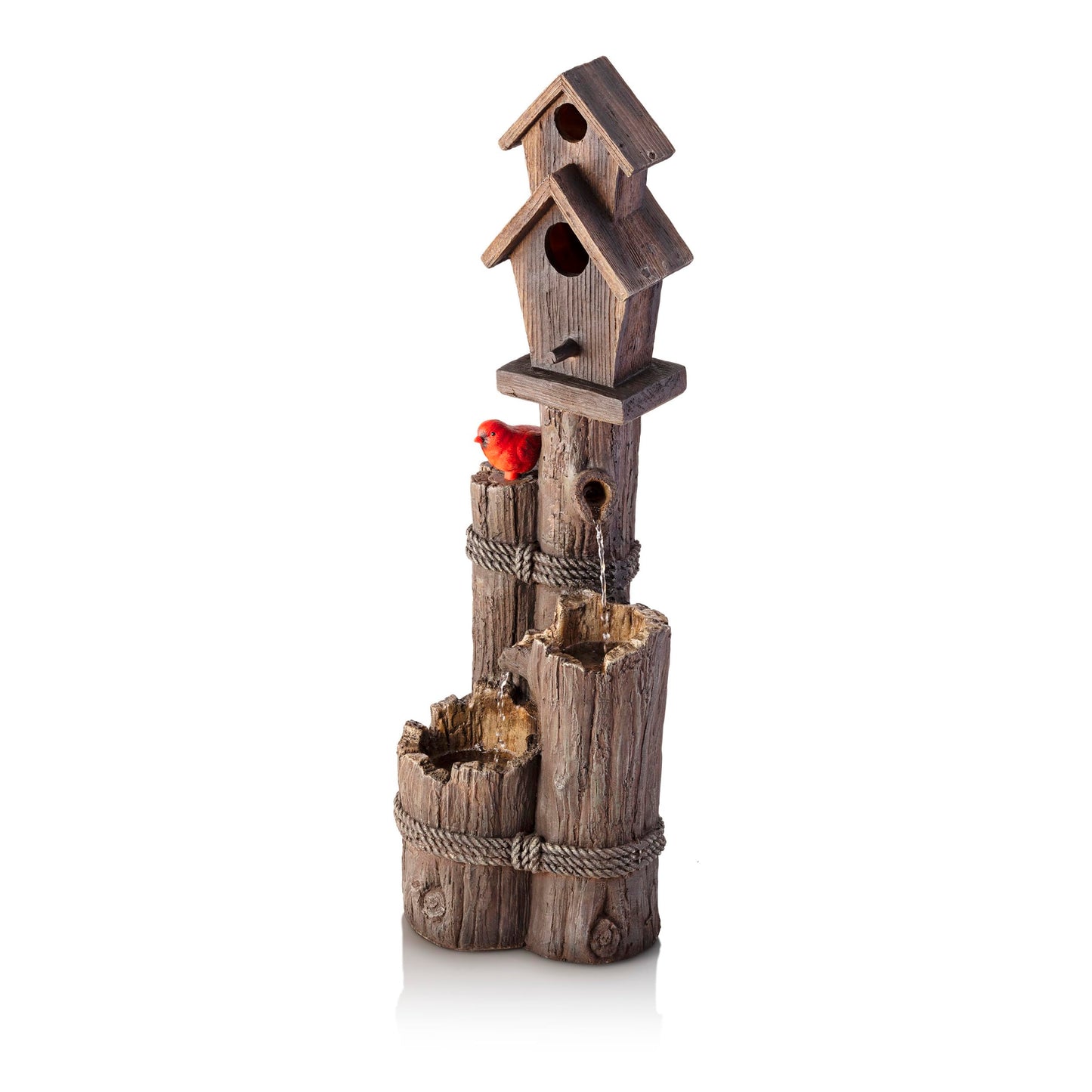 Alpine Corporation 35" Tall Outdoor 3-Tier Birdhouse Water Fountain with Cardinal Accent, Rustic Floor Decor for Garden and Patio, Brown