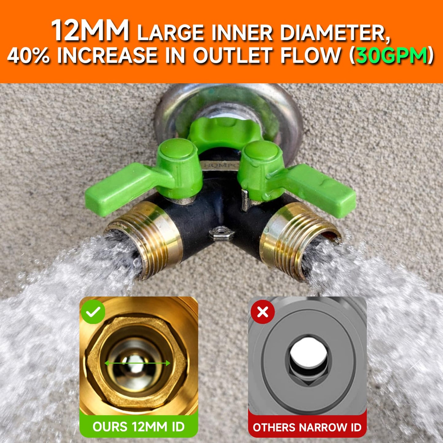 HQMPC Garden Hose Splitter, 2 Way Hose Bib Splitter, Brass y splitter 2 way Y valve Metal Body 2 Way Hose Shut Off Valve, 2.12" Extra Long Metal Handle, 3/4" GHT Thread (1, Green)