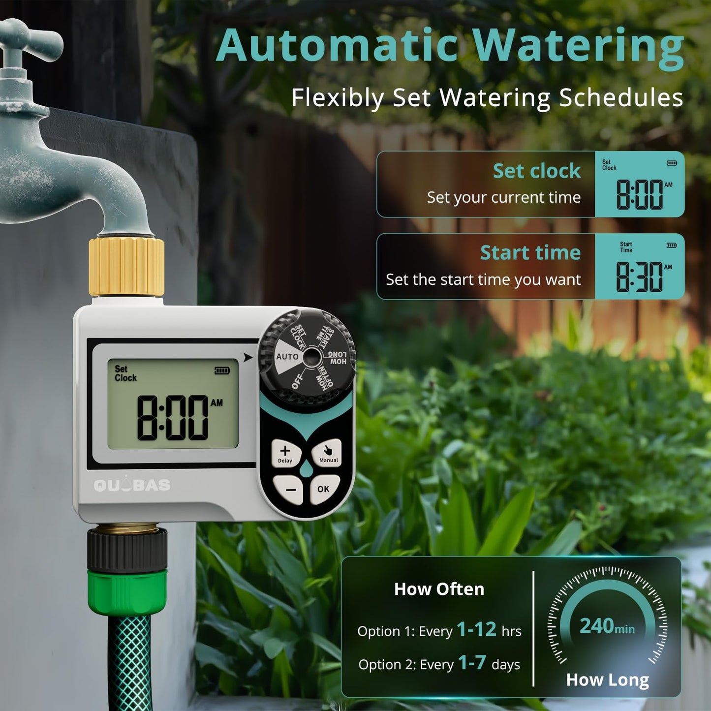 QUOBAS Zero Pressure Water Timer, Programmable Sprinkler Timer for Garden Hose Faucet with Brass Ports, Rain Delay/Manual/Automatic Irrigation System, Low Pressure Watering Compatible Rain Barrel