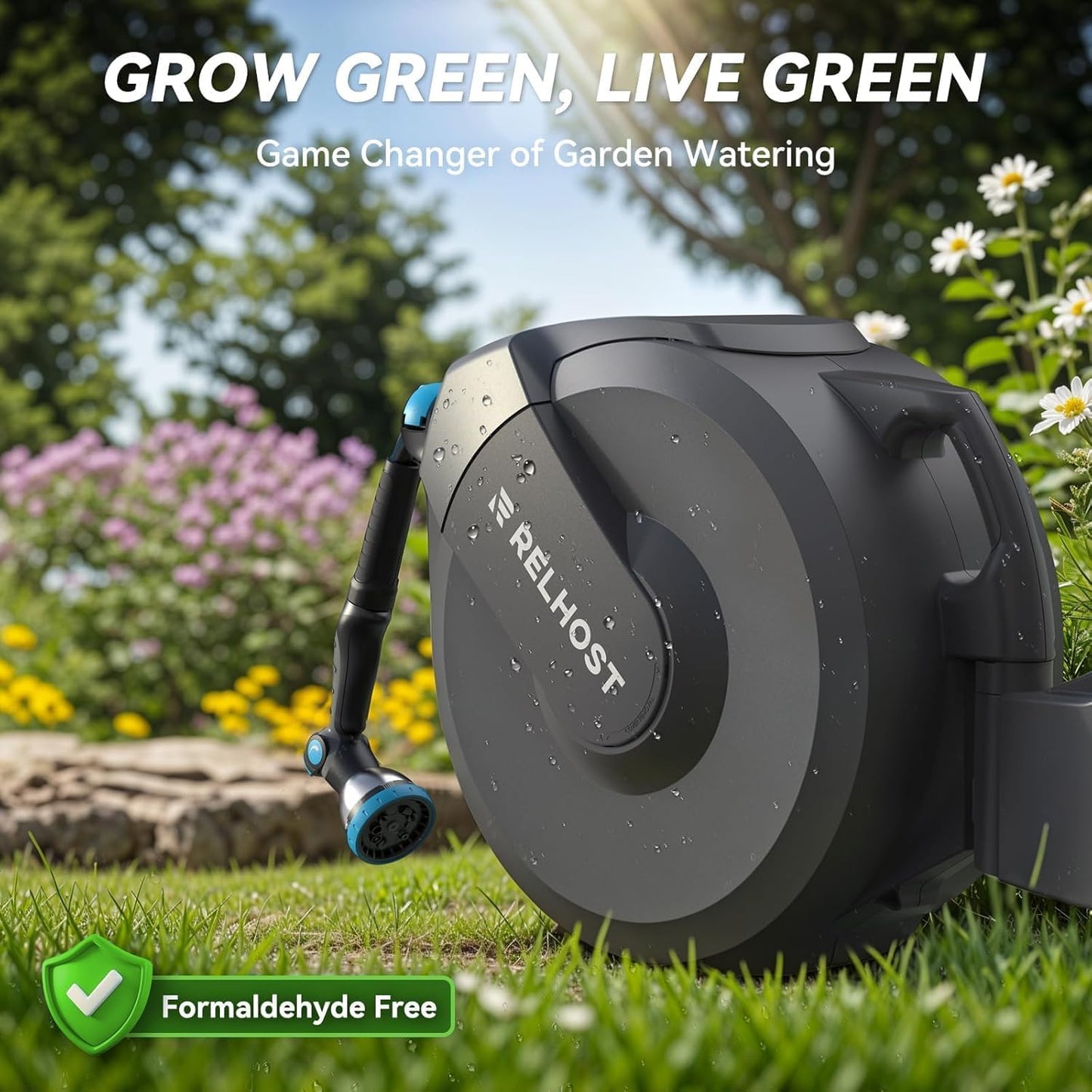 Relhost Retractable Garden Hose Reel, 1/2 in x 100 ft Wall Mount Heavy Duty Hose Reel with Any-Length Lock, Auto Rewind System, 180° Swivel Bracket, and 10-Pattern Nozzle for Garden, Dark Grey