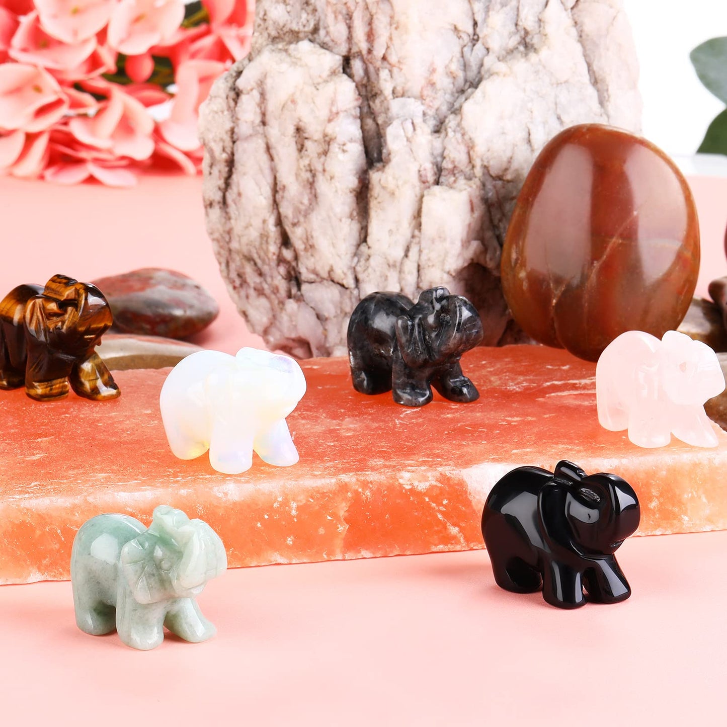 6 Pieces Rose Quartz Elephant Healing Crystal Stones Opalite Green Aventurine Labradorite Tiger's Eye Black Obsidian Elephant Pocket Statue Kitchen Guardian Healing Figurine Decor for Home, 1.5 Inch