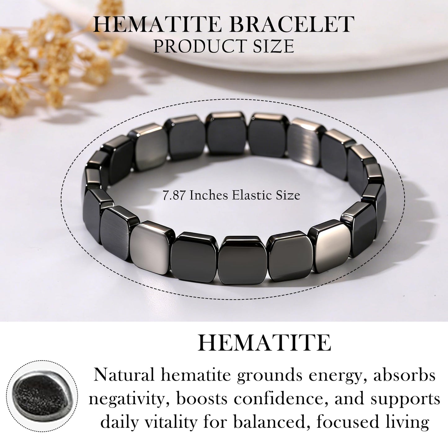 DONYUDE Square Hematite Bracelet Men Reignites Masculine Energy Strech Black Natural Hematite for Dad Husband Boyfriend Birthday Motivational Gift for Confidence Strength Crystal Jewelry