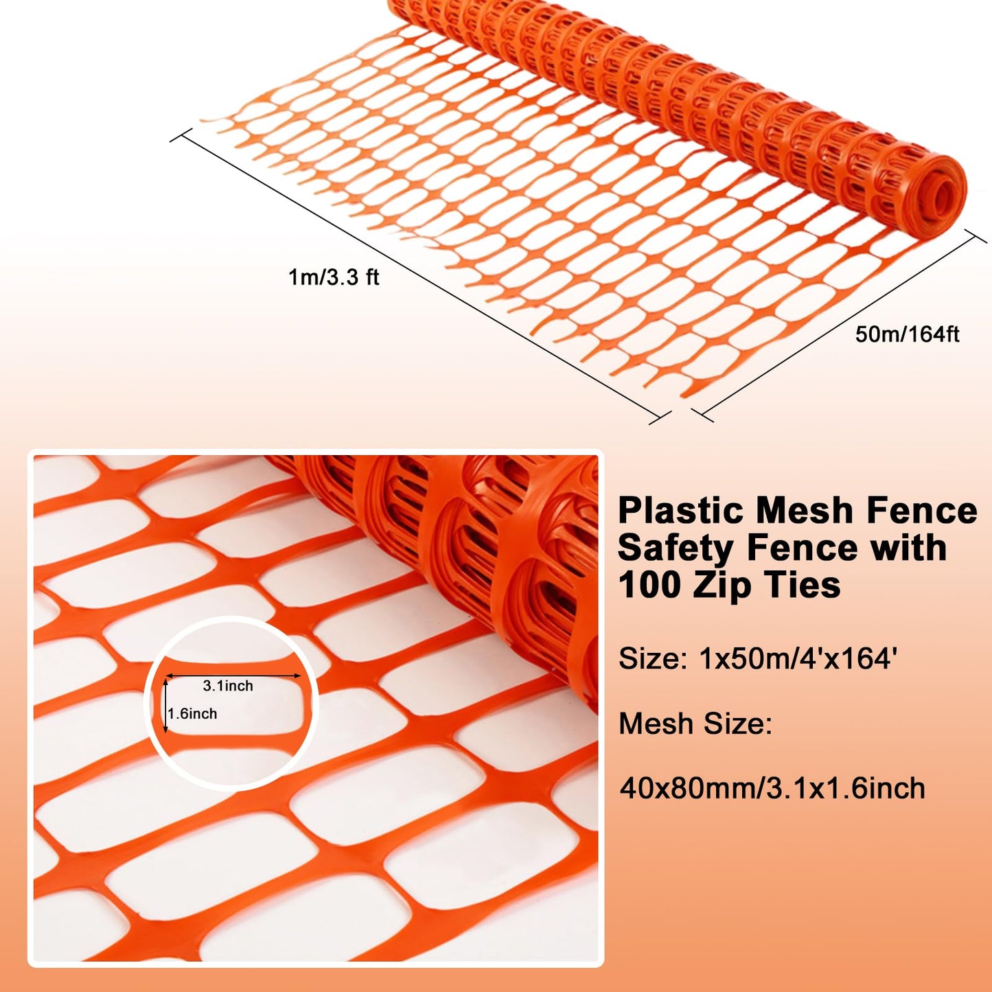 Temporary Fencing, Plastic Mesh 3.3'x164' Roll with 100pcs Ties, Reusable Garden Fencing for Dog, Deer Fences, Construction, Animal Barrier, Poultry, Snow Fence, Orange