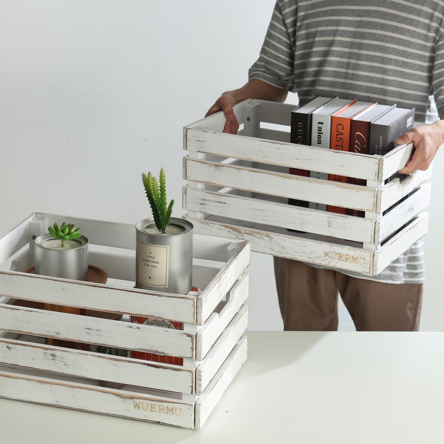 WUERMU White Wooden Crates are Suitable for Storage, Milk Crates, Wine Crates, Festival Decorations, Camping, and Other Multi-Purpose. They are Sturdy and Durable, set of 2 Length of 17.7 inches.
