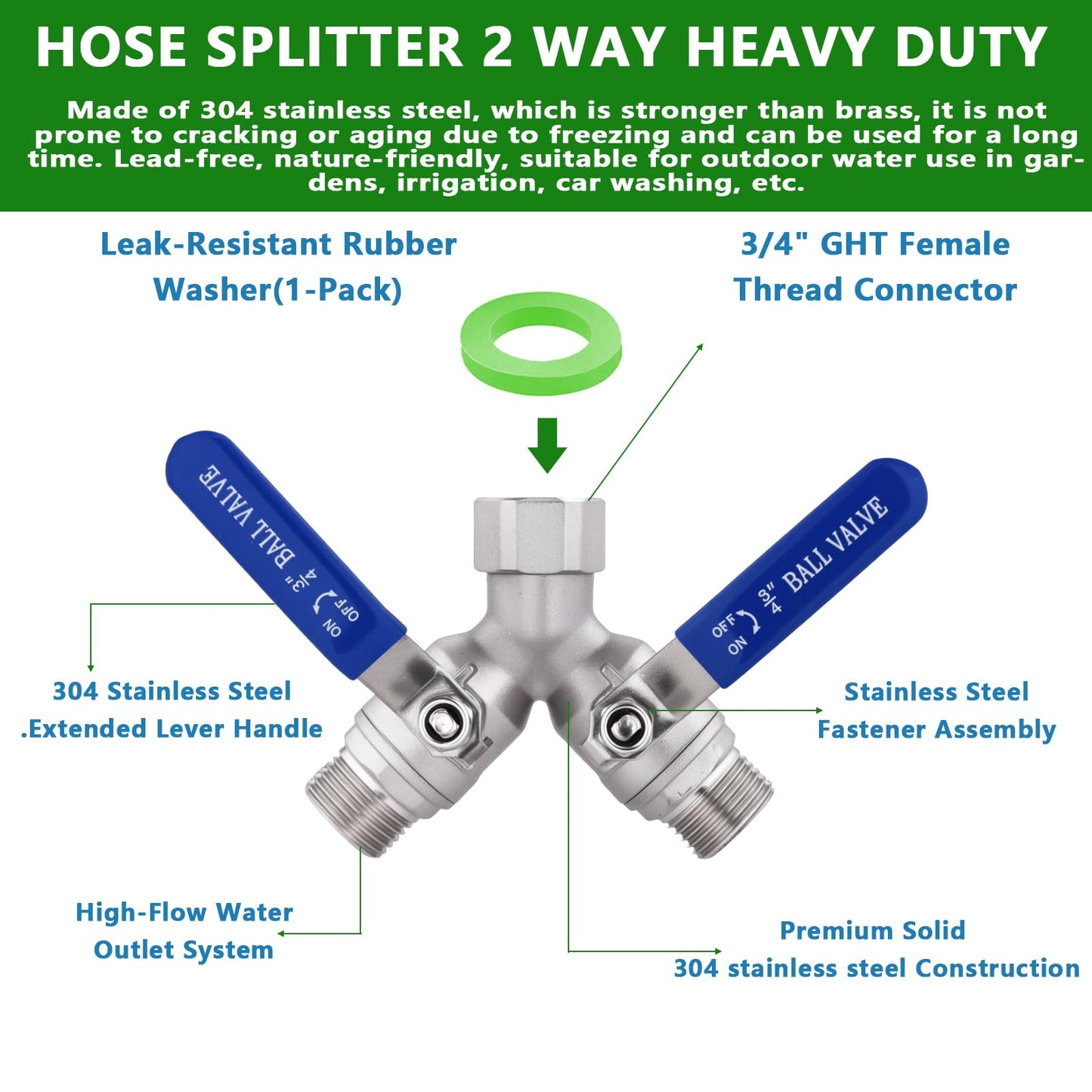Lead-free Hose Splitter 2 Way Heavy Duty ，304 Stainless Steel Garden Hose Splitter with Long Handle，Outdoor Full Flow Y Valve ，3/4 Inch GHT Thread