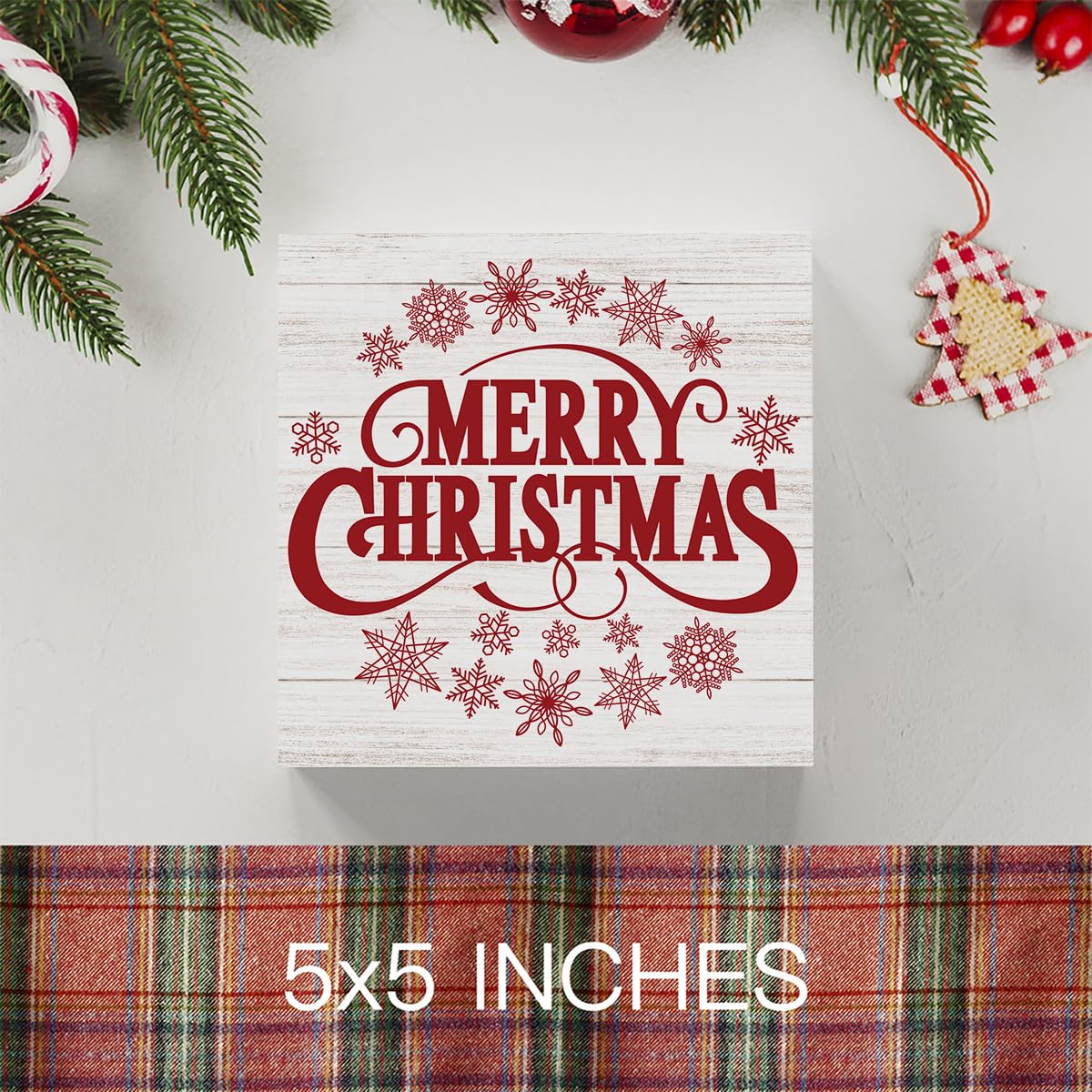 Retro Rustic Winter Merry Christmas with Snowflakes Wood Box Sign, Farmhouse Christmas Santa Artwork Decor, Wood Square Sign Desk Block Signs Home Shelf Office Decoration 5 x 5 Inches