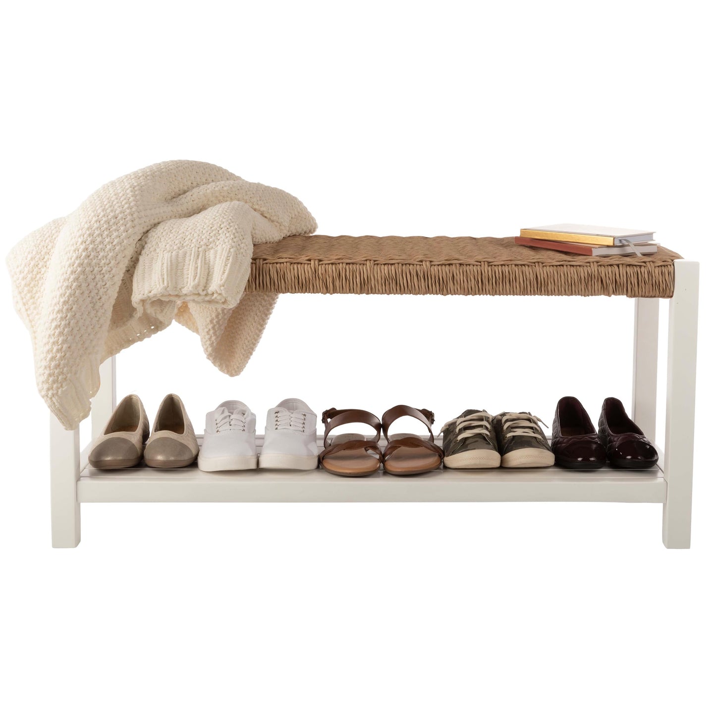 Alaterre Furniture Bench with Handcrafted Woven Rope Seat - Newport Collection 40-Inch Wood Bench with Storage Shelf for Entryway or Hallway - Indoor Furniture (White)