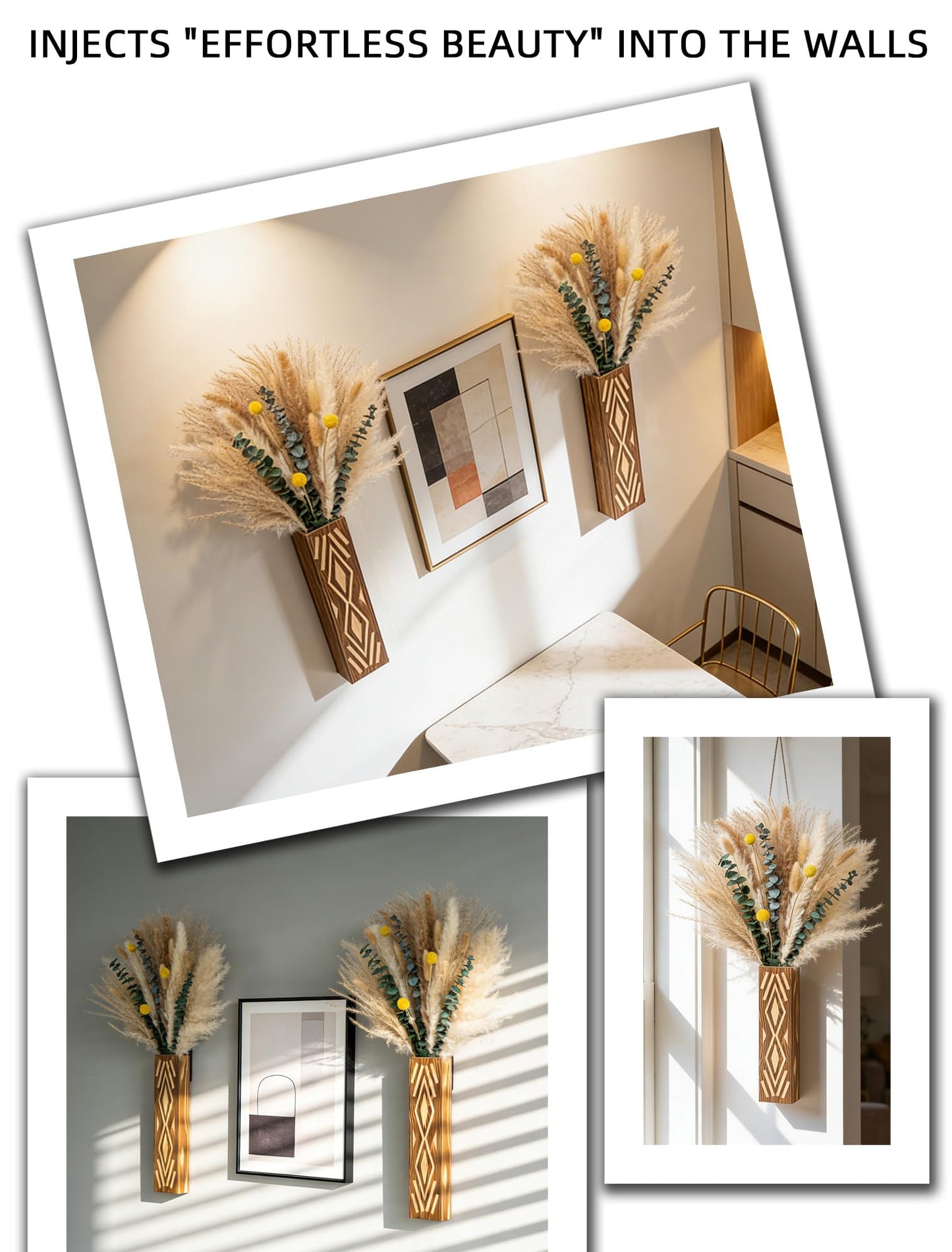 Set of 2 Wooden Wall-Mounted Vases with Pampas Grass & Eucalyptus Bouquet - Bohemian Home Decor for Living Room/Entryway/Bathroom - Rustic Wall Art for Modern Farmhouse Style
