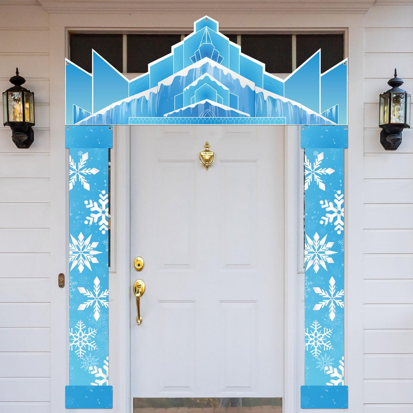JellyArch Winter Party Door Banner Classroom Door Cover Snow Wonderland Porch Decor Winter Birthday Decorations Photography Backdrop for Holiday Christmas Snowflake Party(Castle)