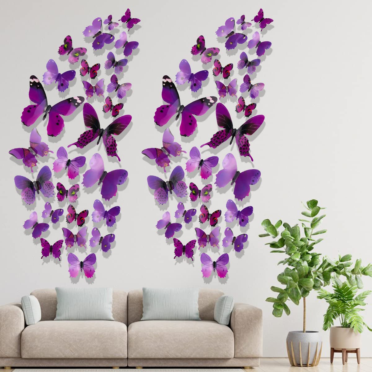 60Pcs 3D Butterfly Wall Decals Purple Butterflies Wall Decor 3 Sizes Waterproof Butterfly Wall Stickers for Home Office Living Room Bedroom Birthday Party Decoration