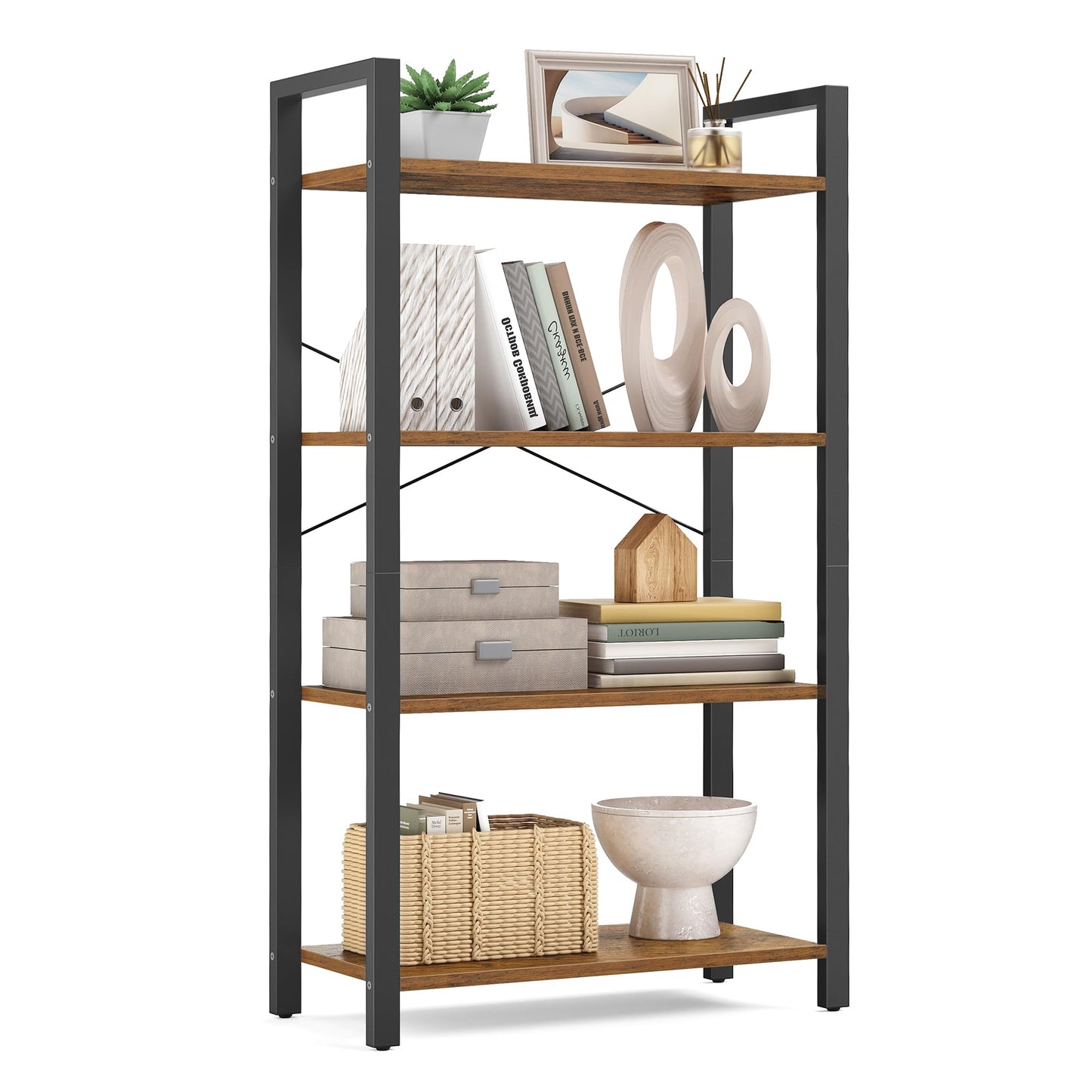 VASAGLE 4-Tier Bookshelf, Bookcase with Steel Frame, Book Shelf for Living Room, Home Office, Study, 11.8 x 26 x 47 Inches, Industrial Style, Rustic Brown and Ink Black ULLS60BX