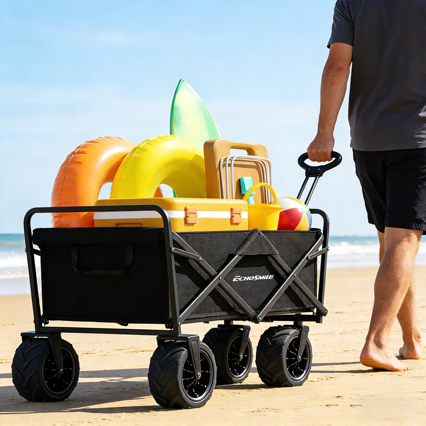 EchoSmile Heavy Duty 350 Lbs Capacity Collapsible Wagon, Outdoor Folding Camping Grocery Portable Utility Cart, Adjustable Rolling Carts, All Terrain Beach Wagon with Big Wheels (Black-Arrow)