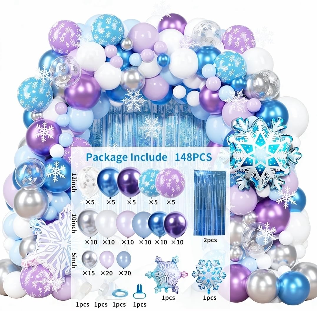 Set of 148pcs Snowflake Balloons Party Decorations Latex Balloons with Snowflake Foil Balloon and Blue Streamers for Baby Shower Birthday Foil Fringe Curtain Backdrop Birthday Party Decor Supplies